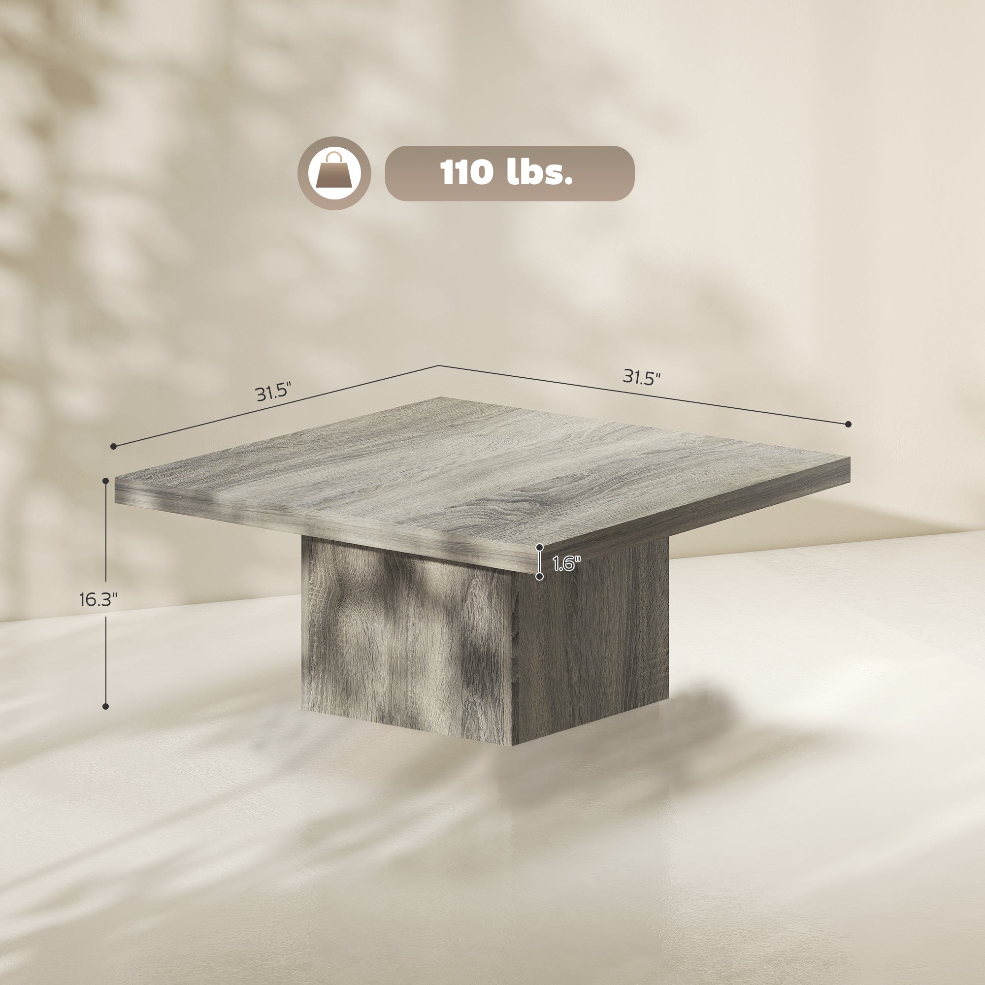 Square Coffee Table, Center Table with 1.6" Thick Tabletop for Living Room, Easy Assembly, 31.5"x31.5", Gray Wood Grain