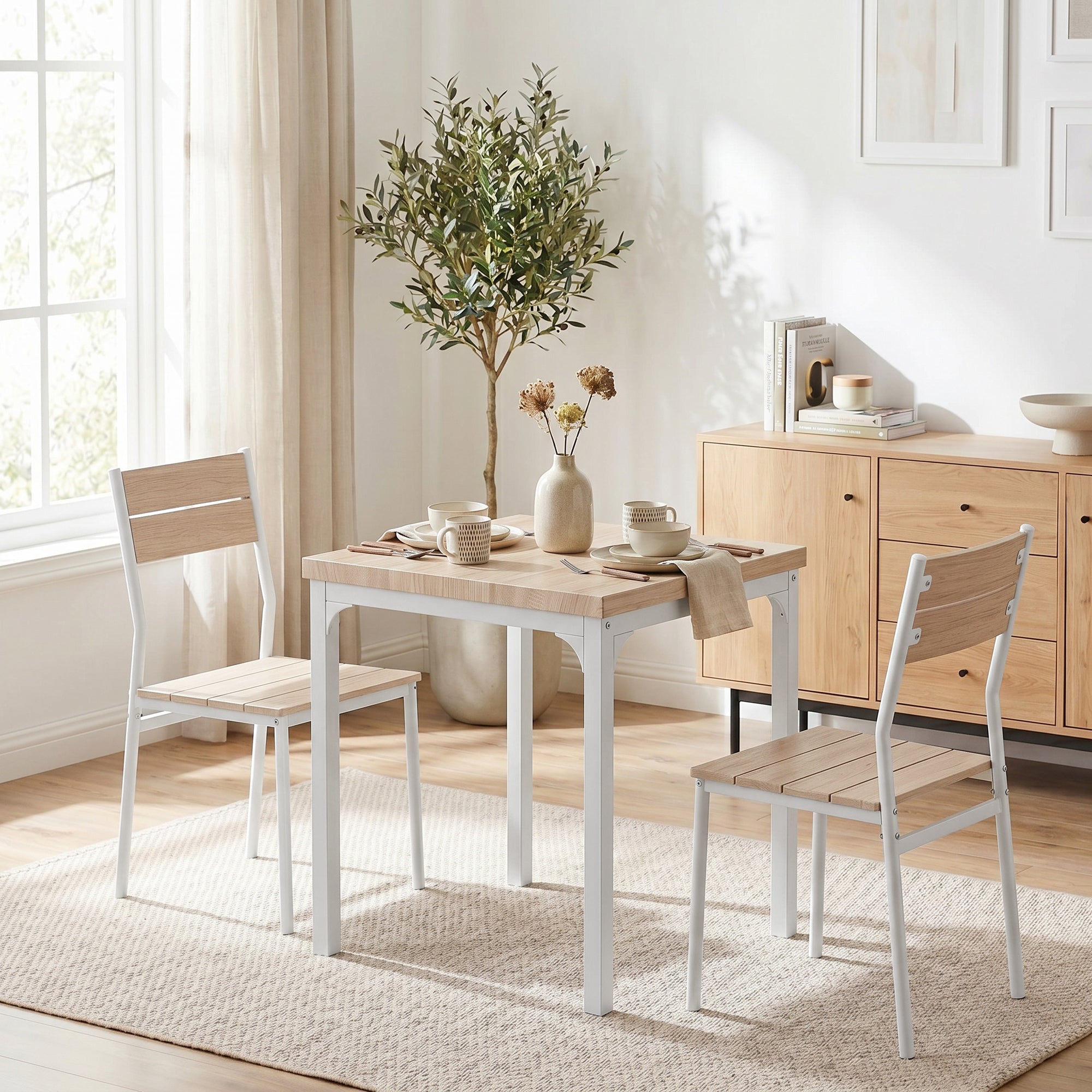 3 Pieces Modern Dining Table Set, Kitchen Table and Chairs for 2, Space Saving Design, Breakfast Nook Table Set with Steel Legs for Kitchen, Small Space, Oak Wood Effect