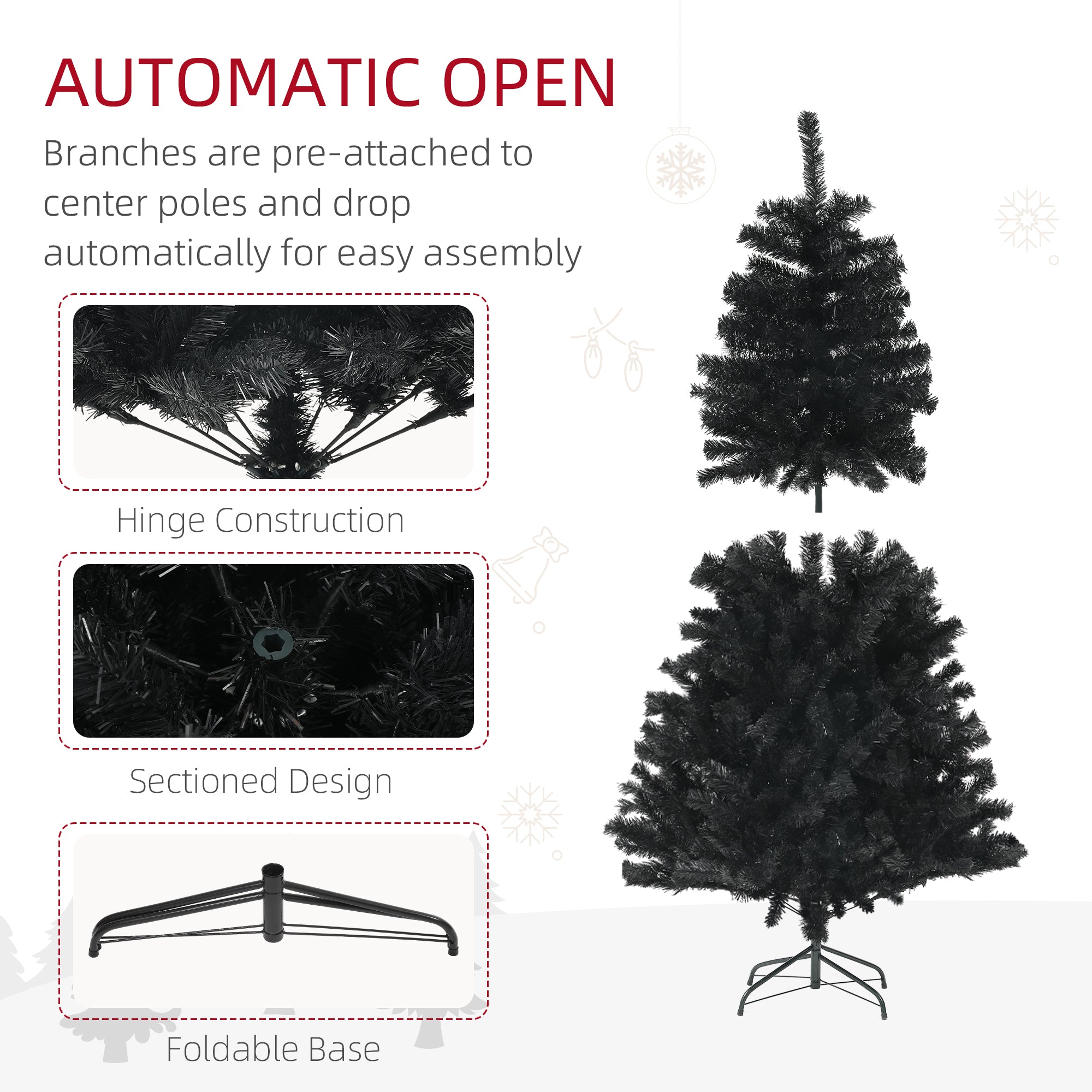 HOMCOM 5ft Unlit Artificial Christmas Tree, Xmas Tree with 700 Branch Tips, Auto Open and Steel Base, Holiday Decoration for Home Office, Black