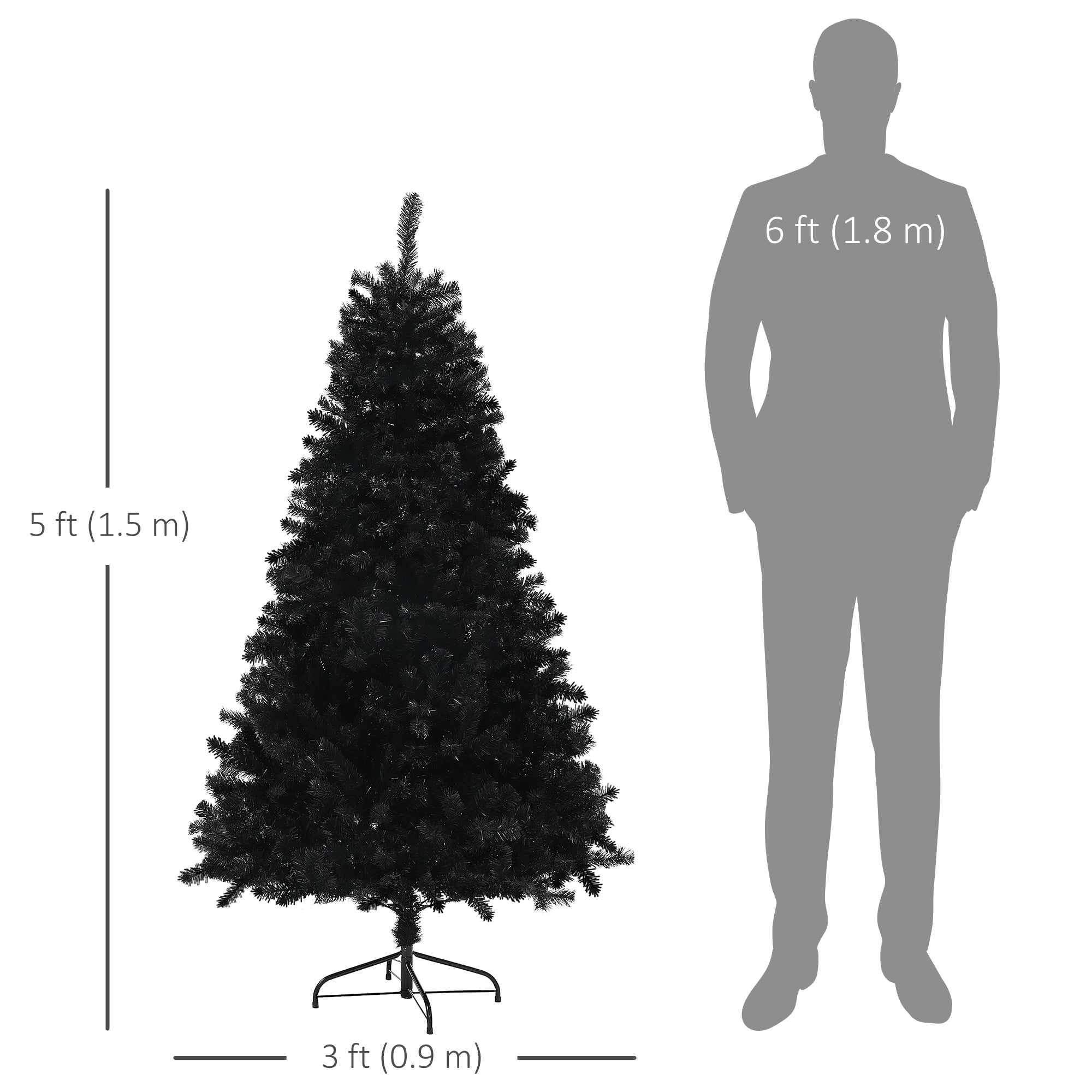 HOMCOM 5ft Unlit Artificial Christmas Tree, Xmas Tree with 700 Branch Tips, Auto Open and Steel Base, Holiday Decoration for Home Office, Black