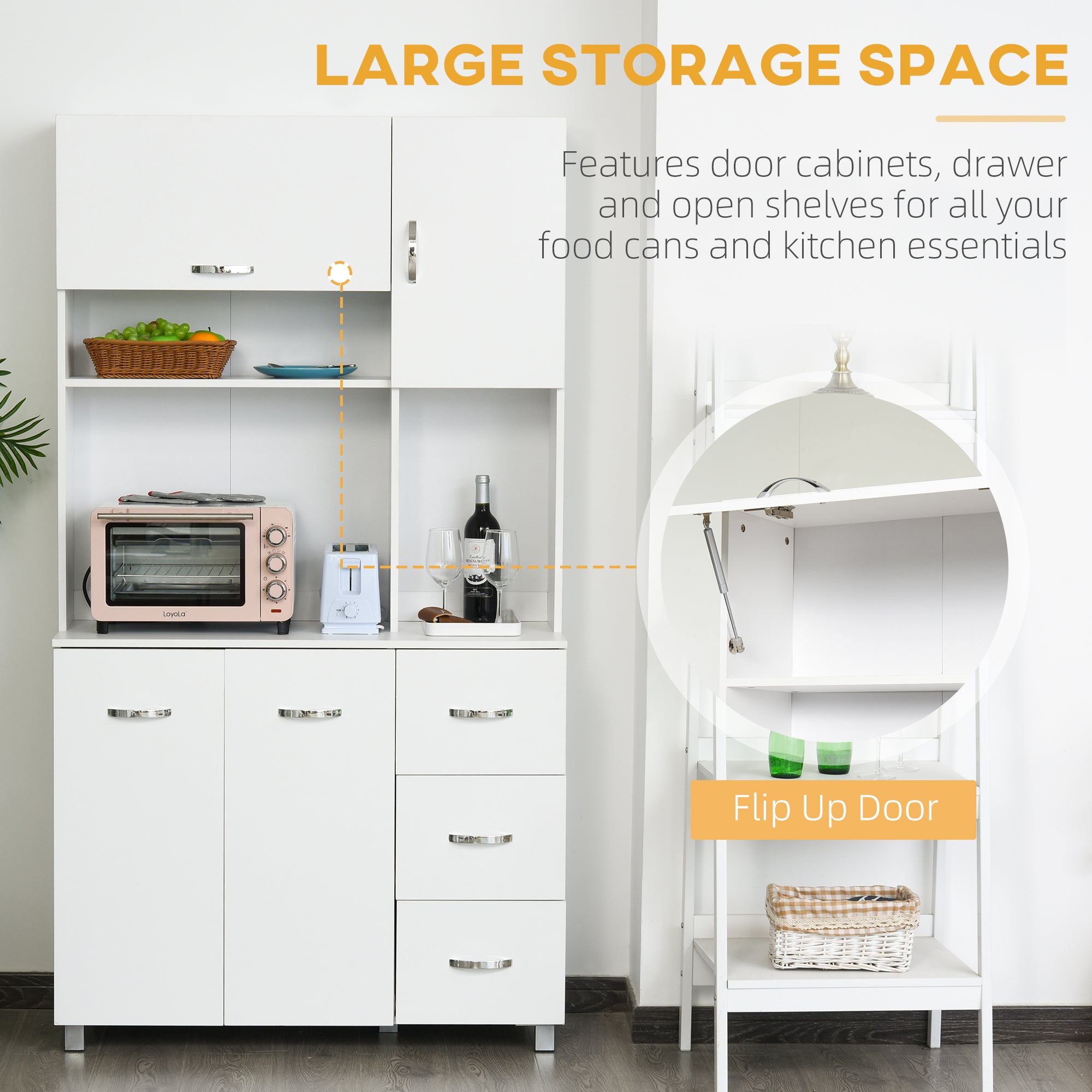 Kitchen Cupboard, 183cm Tall Storage Cabinet with Countertop, Sideboard with 3 Small Drawers, Flip Up Top Door, 3 Cabinet Doors and Open Shelves, 100W x 39.5D x 183.5H cm, White