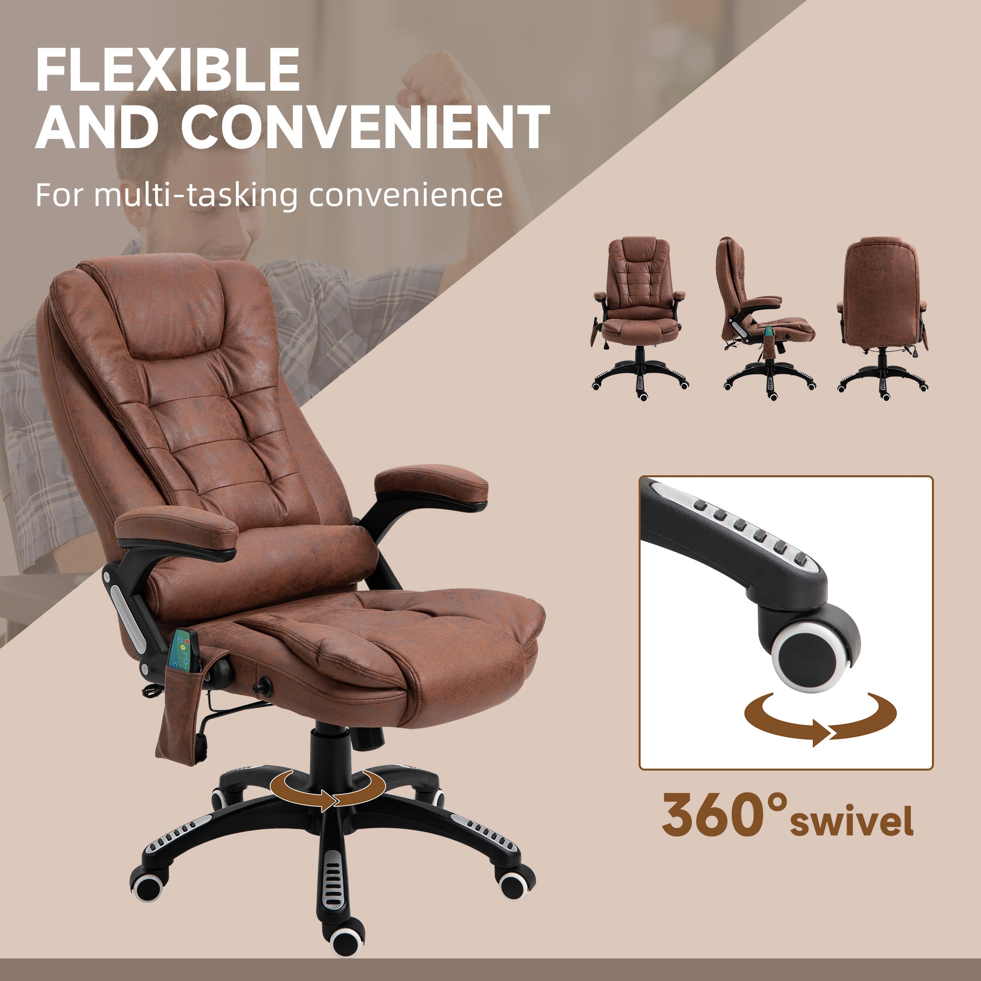 Vinsetto Office Chair, Ergonomic Desk Chair with 6-Point Massage and Back Heated, Microfiber Cloth Computer Gaming Chair with Arms, Lumbar Support, Brown