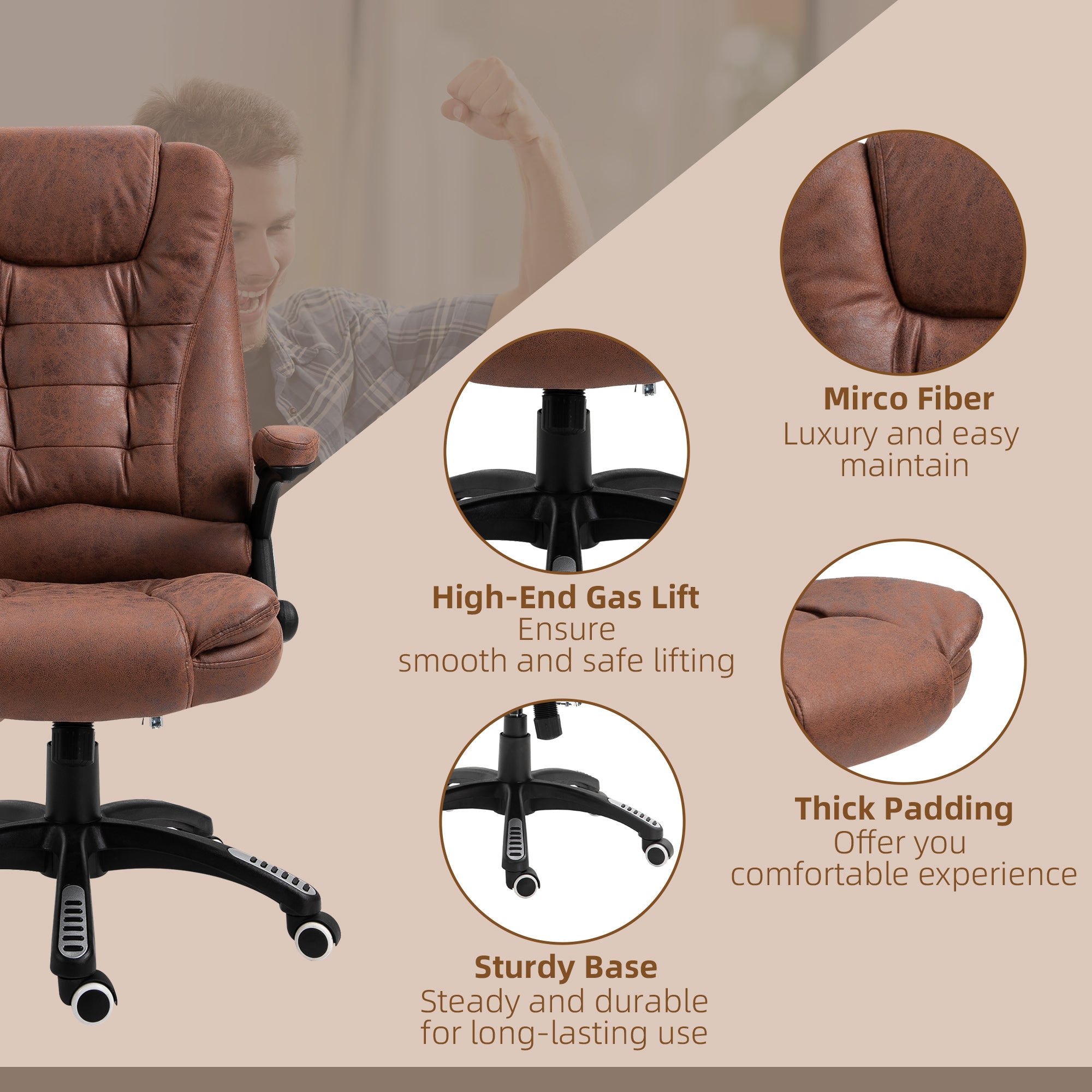 Vinsetto Office Chair, Ergonomic Desk Chair with 6-Point Massage and Back Heated, Microfiber Cloth Computer Gaming Chair with Arms, Lumbar Support, Brown