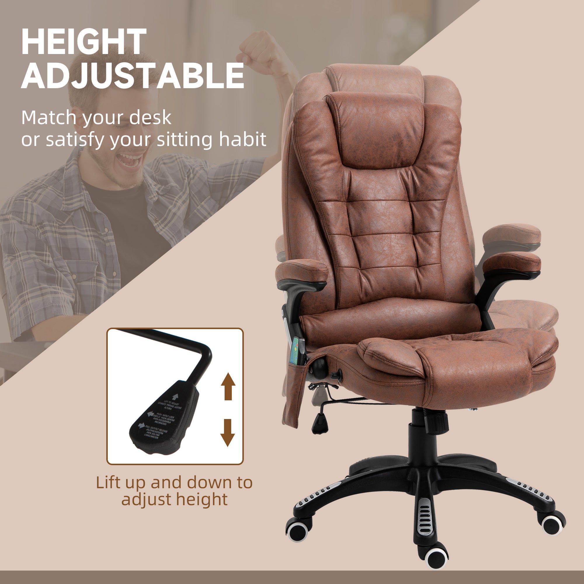 Vinsetto Office Chair, Ergonomic Desk Chair with 6-Point Massage and Back Heated, Microfiber Cloth Computer Gaming Chair with Arms, Lumbar Support, Brown