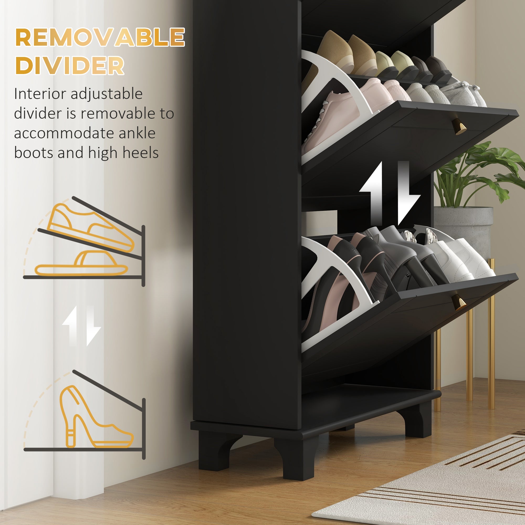 HOMCOM Narrow Shoe Cabinet with 3 Flip Drawers, Modern Shoe Storage Cabinet with Adjustable Shelves for Entryway, Hallway, Holds 12 Pairs of Shoes, Black