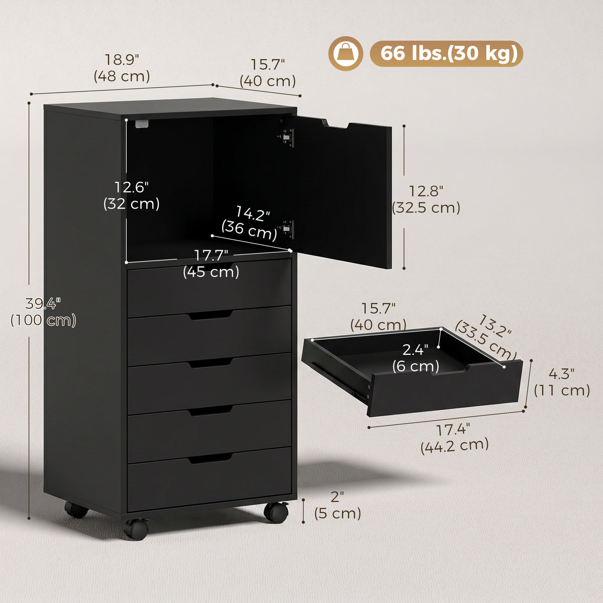 5 Drawer Vertical File Cabinet with Lockable Wheels and Soft-Close Cabinet, Mobile Filing Cabinet for Home Office, Rolling Printer Stand for A4 Letter-Size Documents, Black