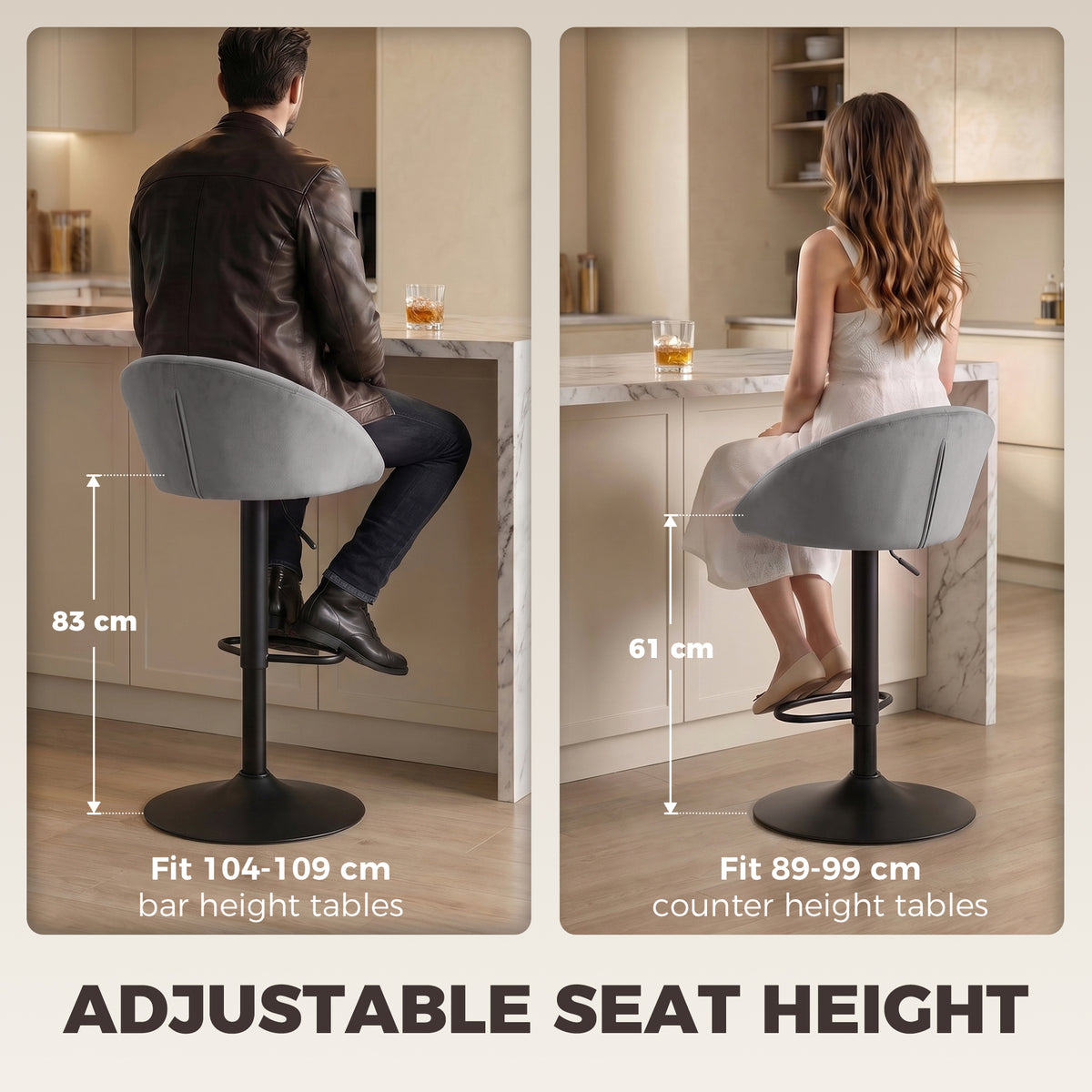 Breakfast Bar Stools Set of 2, Modern Velvet-Feel Swivel BarStools, Adjustable Counter Height Bar Chairs with Backrest and Footrest for Kitchen Island, Dining Room, Bar, Light Grey