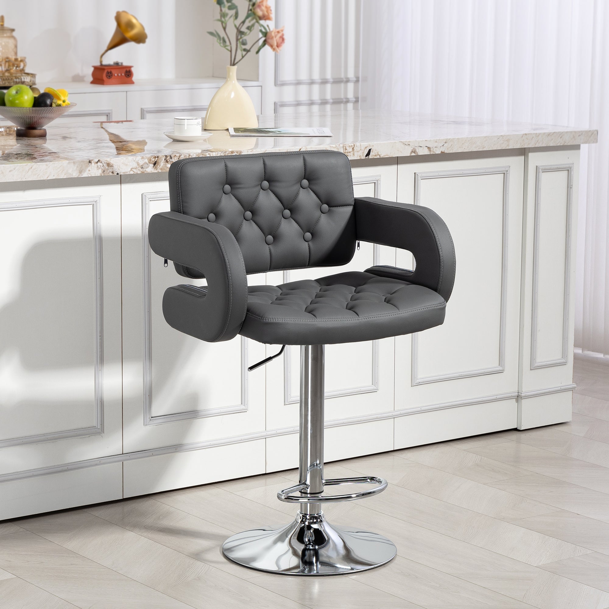 Swivel Bar Stool with Extra Large Seat, PU Leather Upholstered Adjustable Barstool with Back, Arm and Footrest, Breakfast Bar Chair for Bistro, Kitchen, Grey