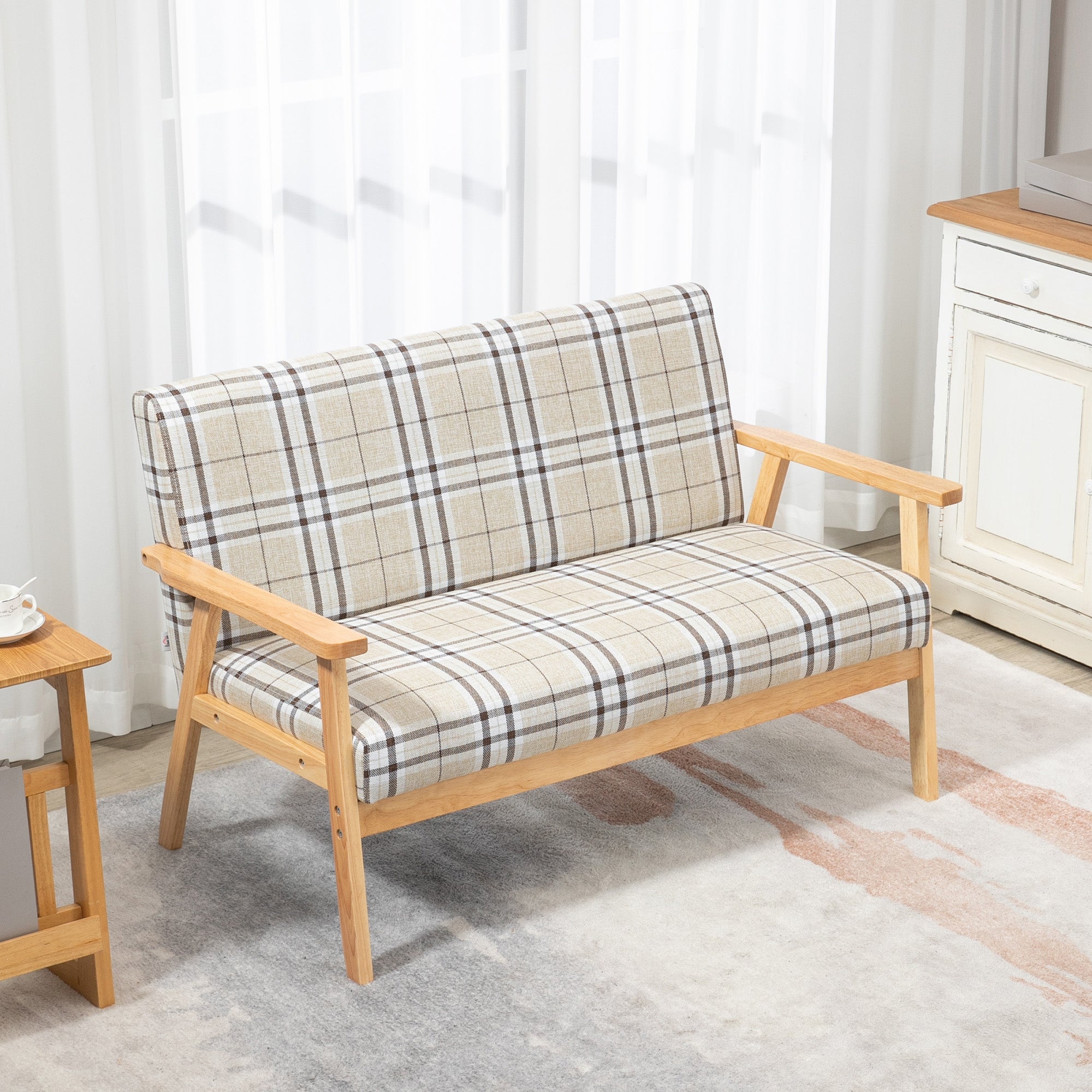 HOMCOM Modern Two Seater Sofa for Living Room, Linen Fabric Small Couch with Rubber Wood Frame, Armrests, Lattice Pattern, Upholstered Loveseat, Beige