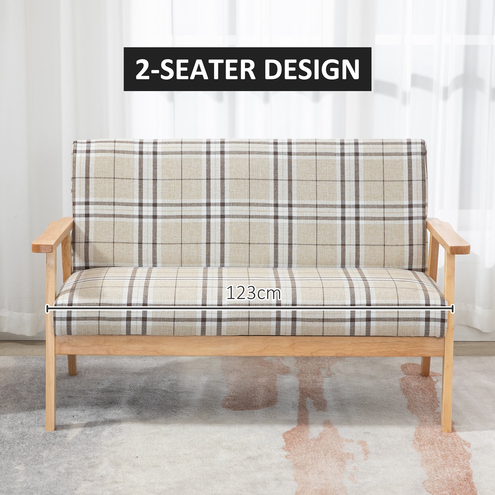 HOMCOM Modern Two Seater Sofa for Living Room, Linen Fabric Small Couch with Rubber Wood Frame, Armrests, Lattice Pattern, Upholstered Loveseat, Beige