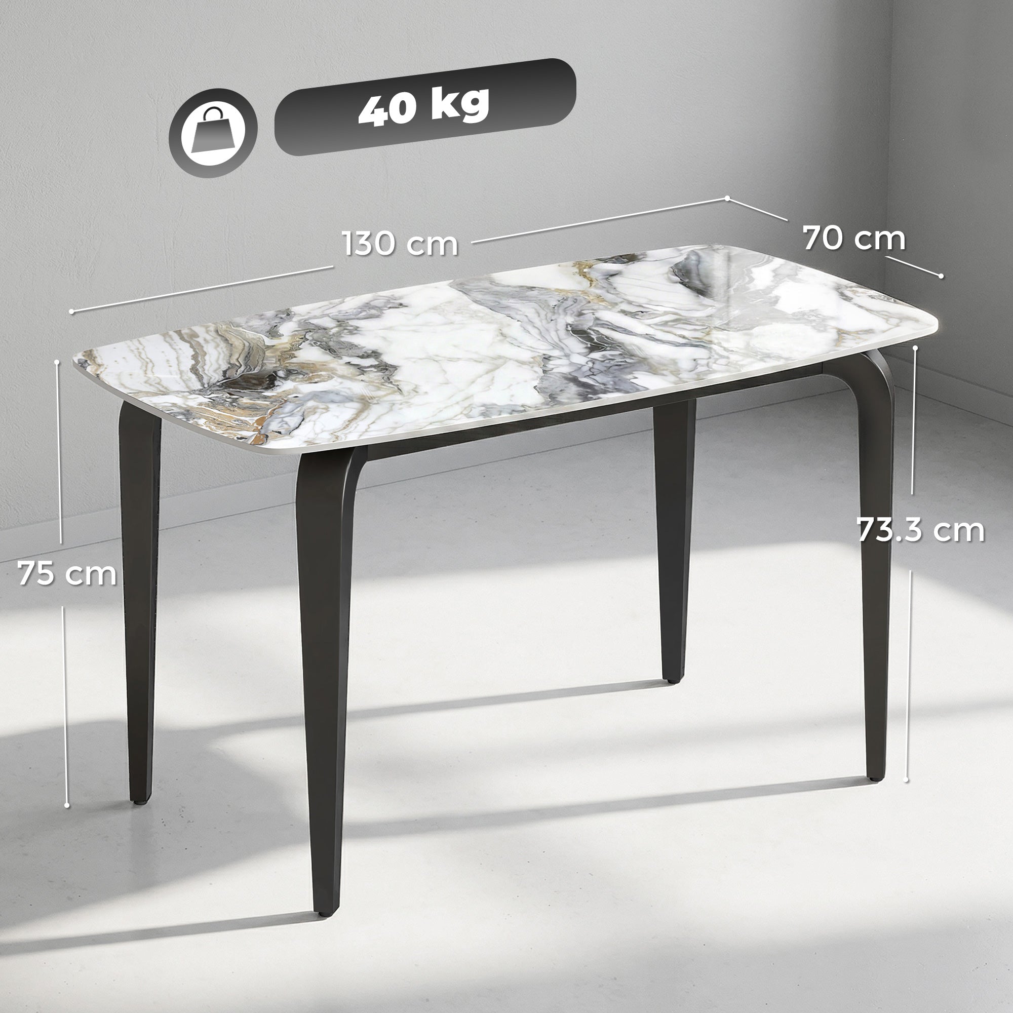 Dining Table for 4, 130W x 70D x 75H cm, Modern Kitchen Table with Sintered Stone Tabletop, Metal Legs for Dining Room, Kitchen, Living Room, White