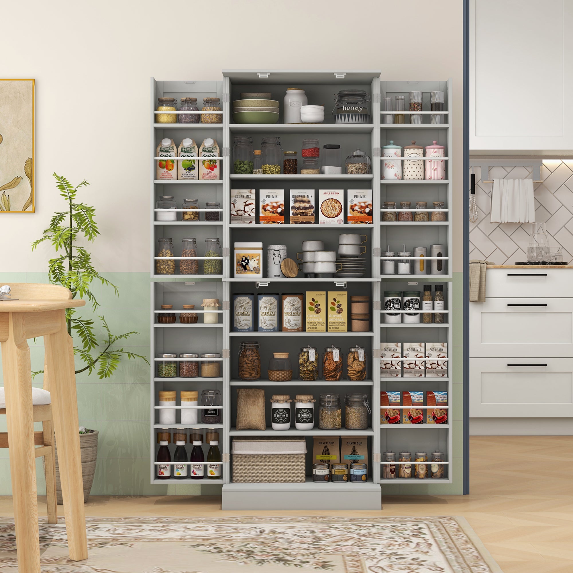 65" Kitchen Pantry Cabinet, Modern Kitchen Pantry with Doors and Shelves, Freestanding Buffet Storage Cabinet with Spice Racks for Dining Room, Grey
