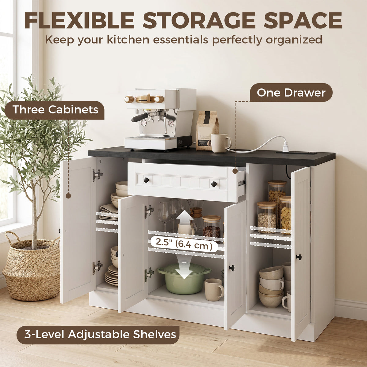 47" Farmhouse Sideboard Buffet Cabinet with Charging Station, Coffee Bar Cabinet with 3 Adjustable Shelves and 4 Doors, Kitchen Storage Cabinet with Drawer, White
