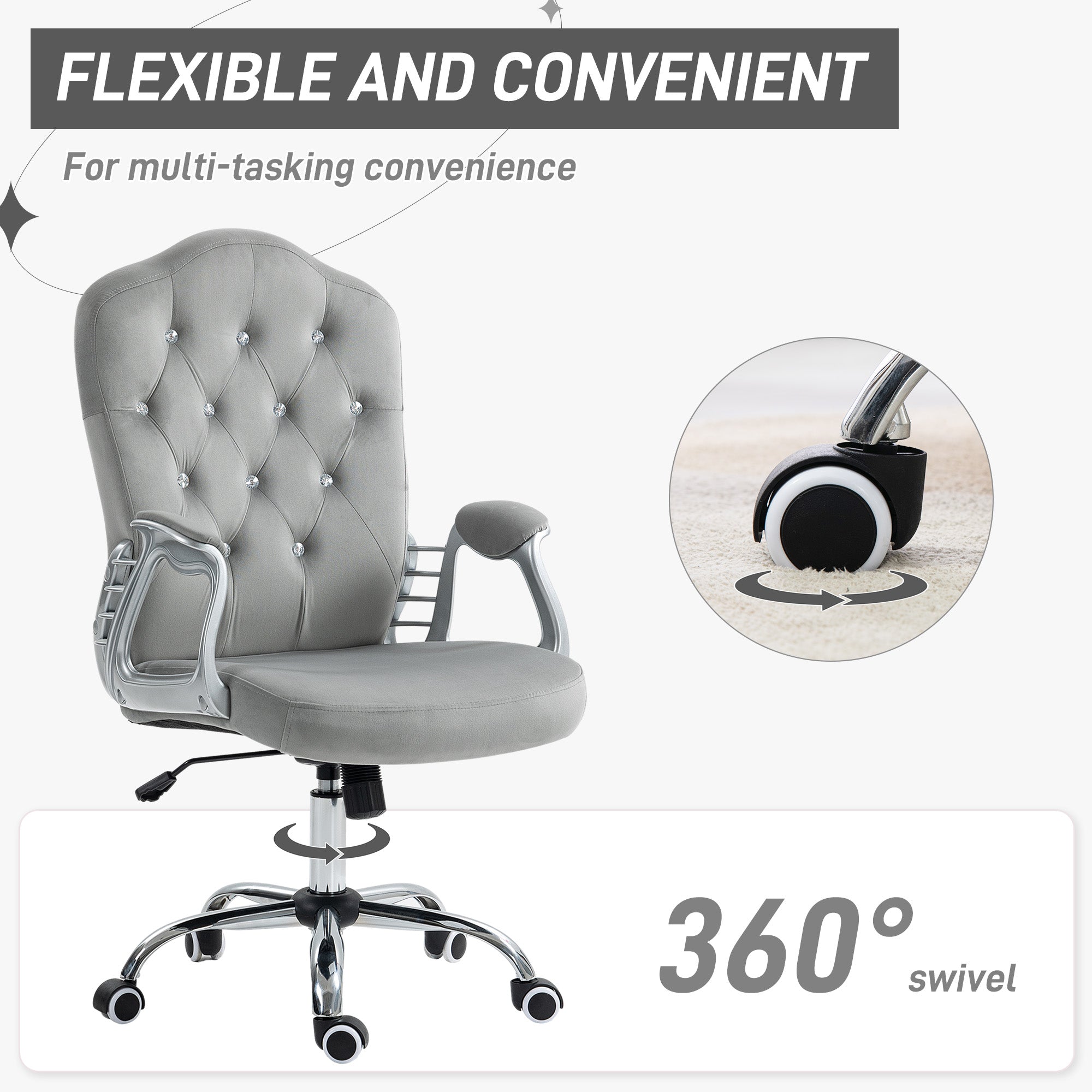 Velvet Office Chair, 360° Swivel Desk Chair with Adjustable Height & Tilt, Light Gray
