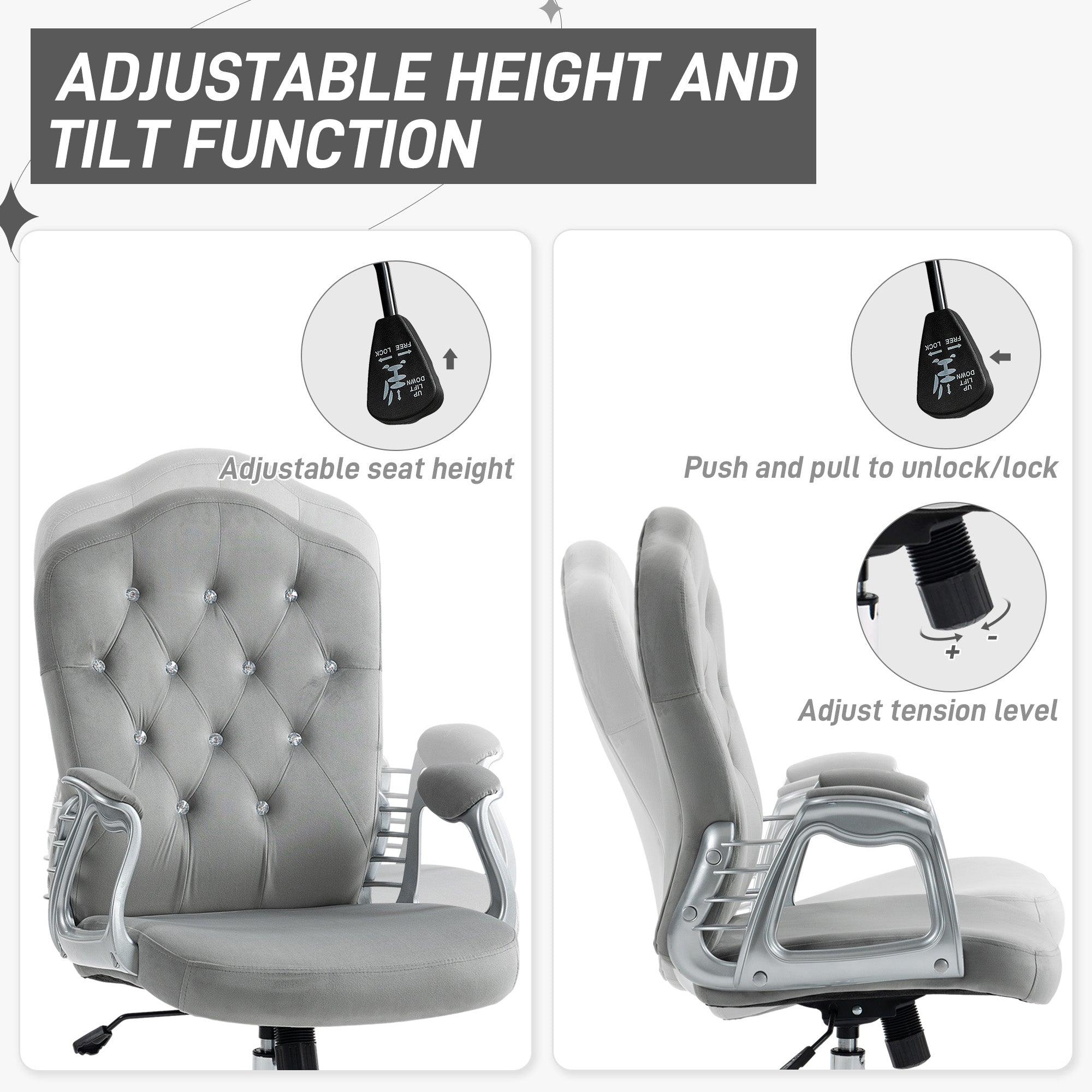 Velvet Office Chair, 360° Swivel Desk Chair with Adjustable Height & Tilt, Light Gray