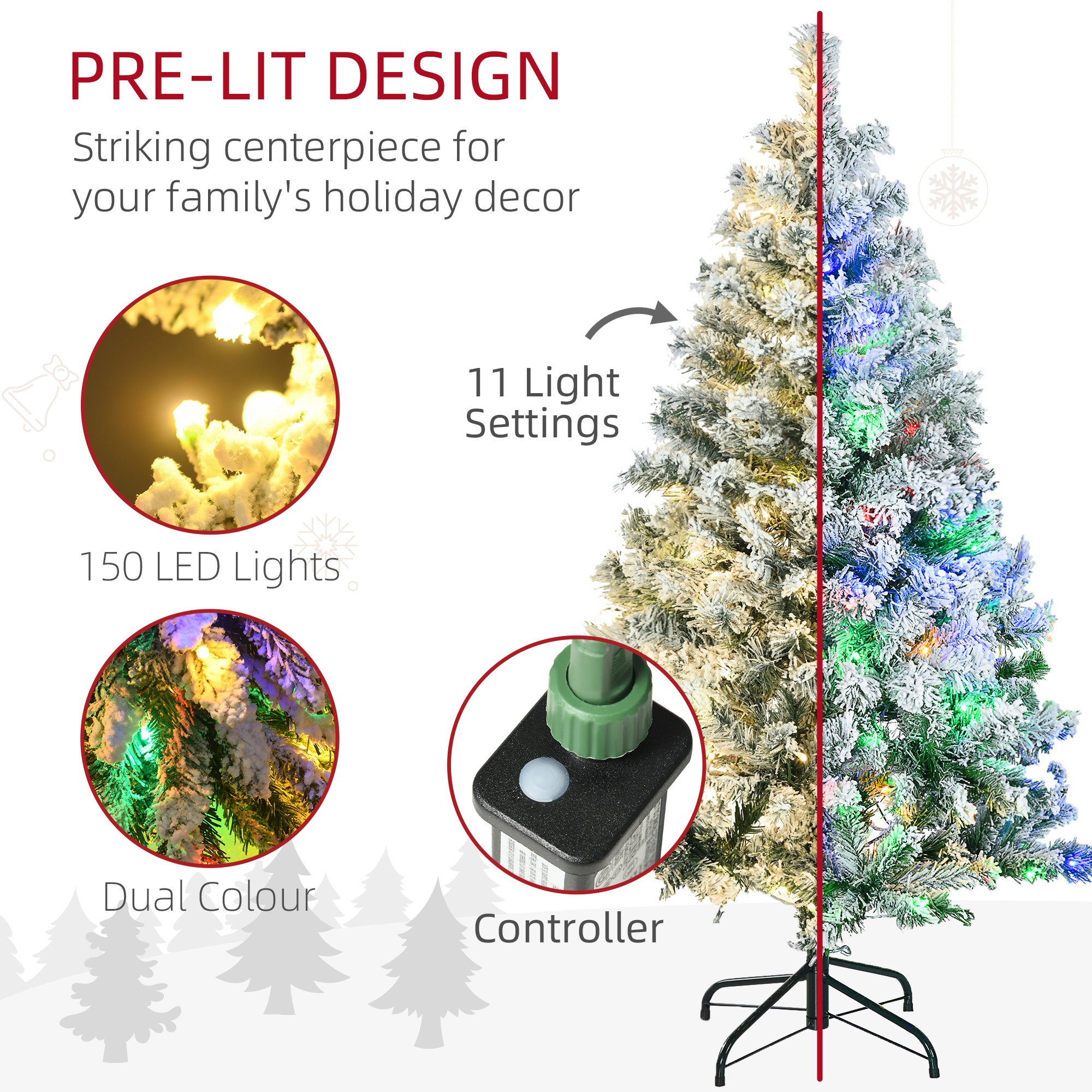 HOMCOM 4.5ft Pre Lit Snow Flocked Artificial Christmas Tree Holiday Décor with 150 Warm White or Colourful LED Lights and 311 Tips, Steel Base
