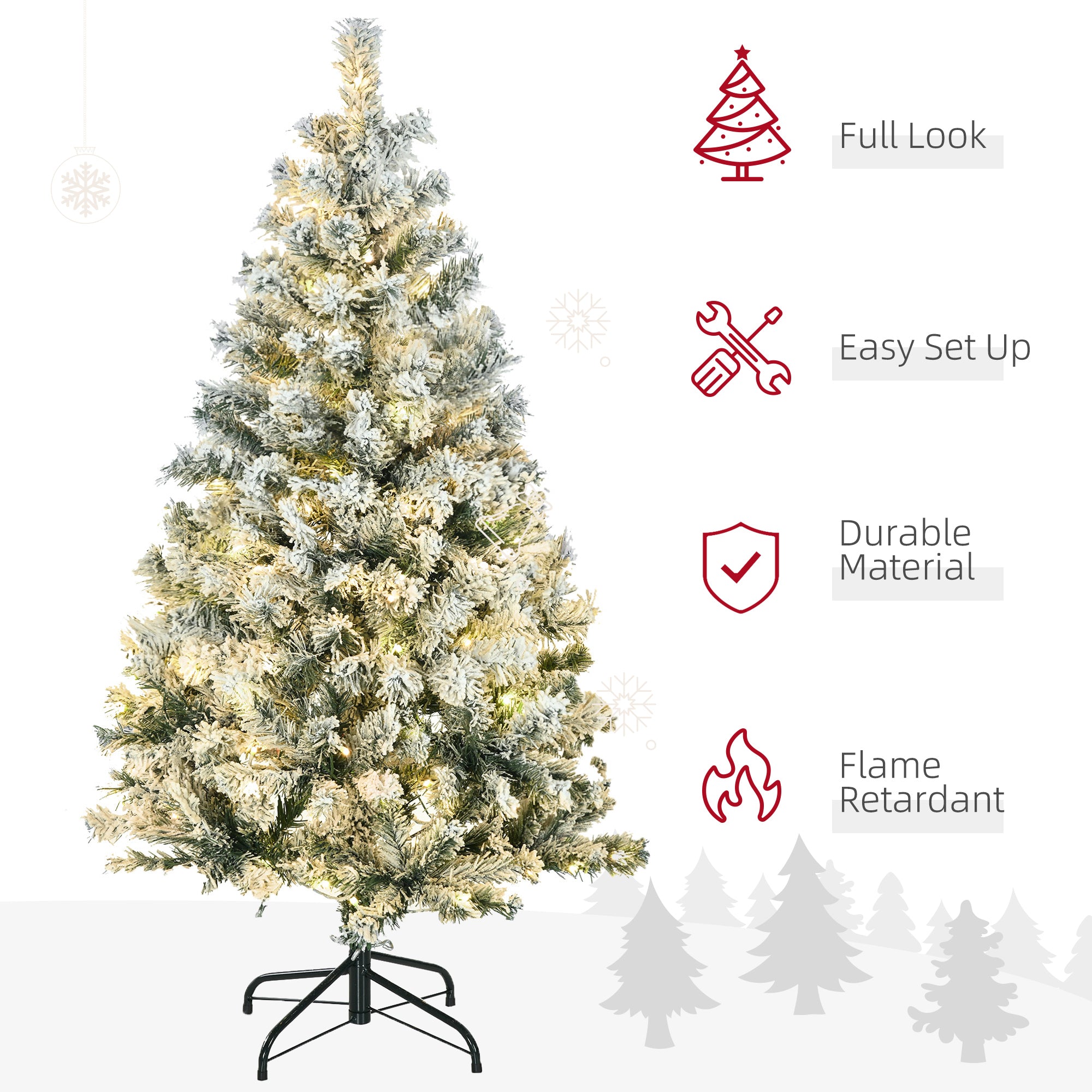 HOMCOM 4.5ft Pre Lit Snow Flocked Artificial Christmas Tree Holiday Décor with 150 Warm White or Colourful LED Lights and 311 Tips, Steel Base