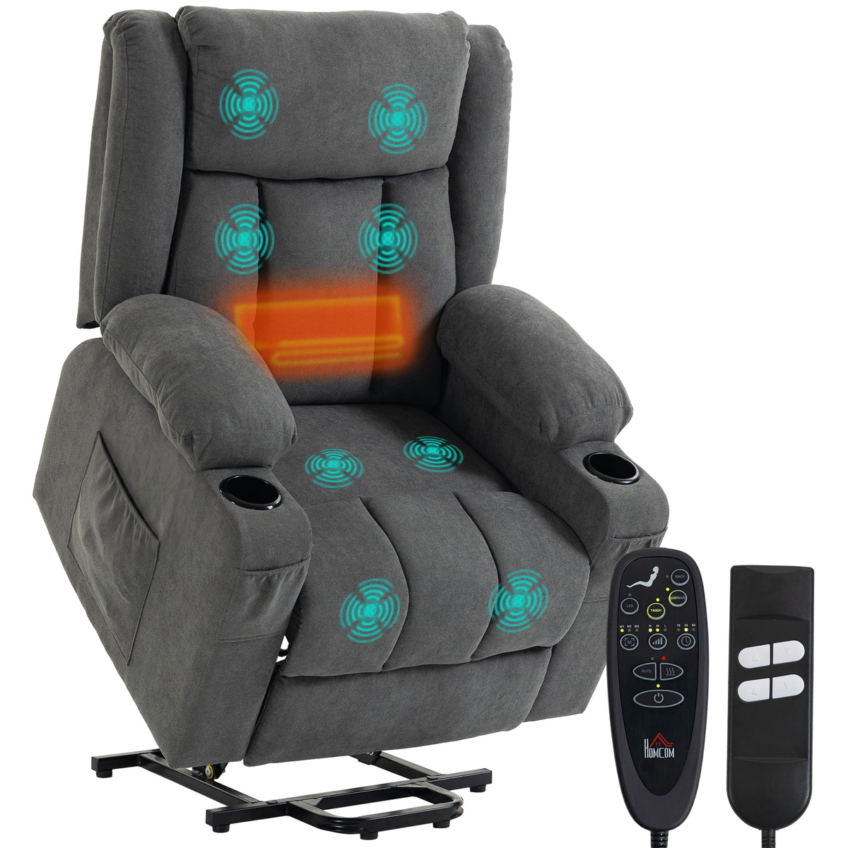 Dual Motor Recliner Chair Lift Chair for Elderly, 55° Electric Riser Recliner Armchair with Massage and Heat, Terry Cloth Power Reclining Lounge Sofa, 2 Cup Holders, Side Pockets, Dark Grey
