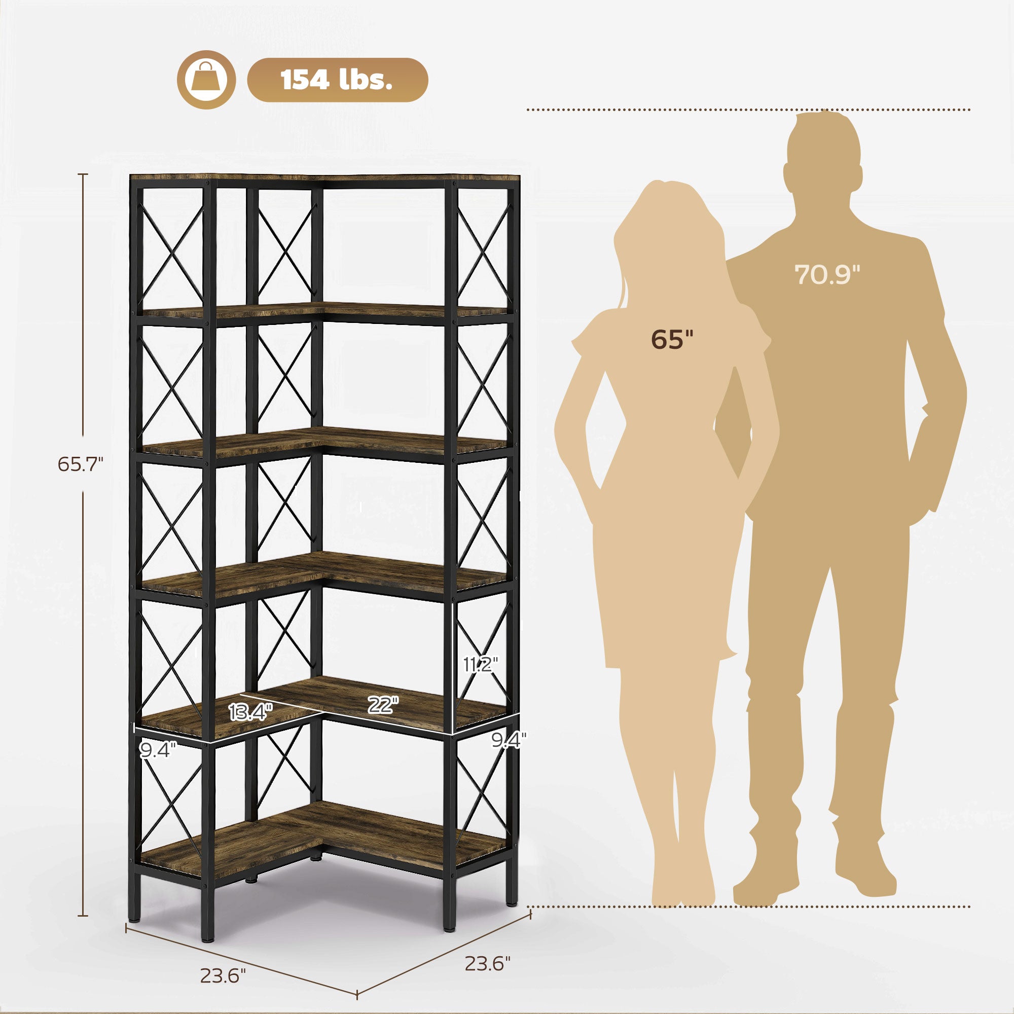 L-Shaped Bookshelf, 5-Tier Corner Bookcase, Freestanding Storage Shelf with Metal Frame for Living Room, Home Study, Rustic Brown