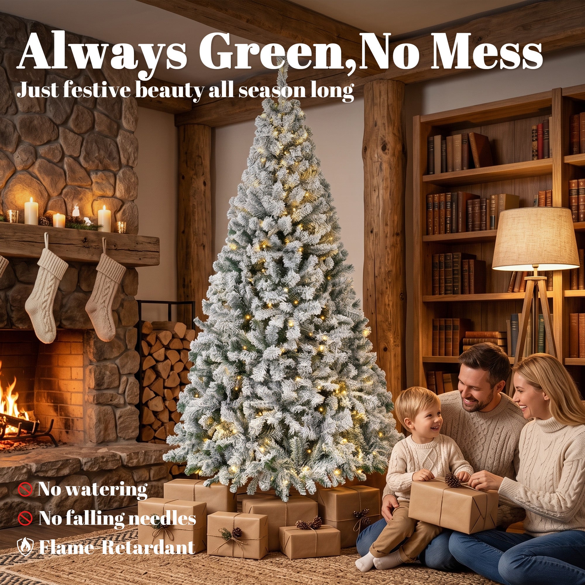 6ft Flocked Prelit Christmas Tree, Fraser Fir, Hinged Xmas Tree with 790 Branch Tips, 220 Warm White LED Lights, Foldable Metal Base for Indoor Holiday Decor, Green White
