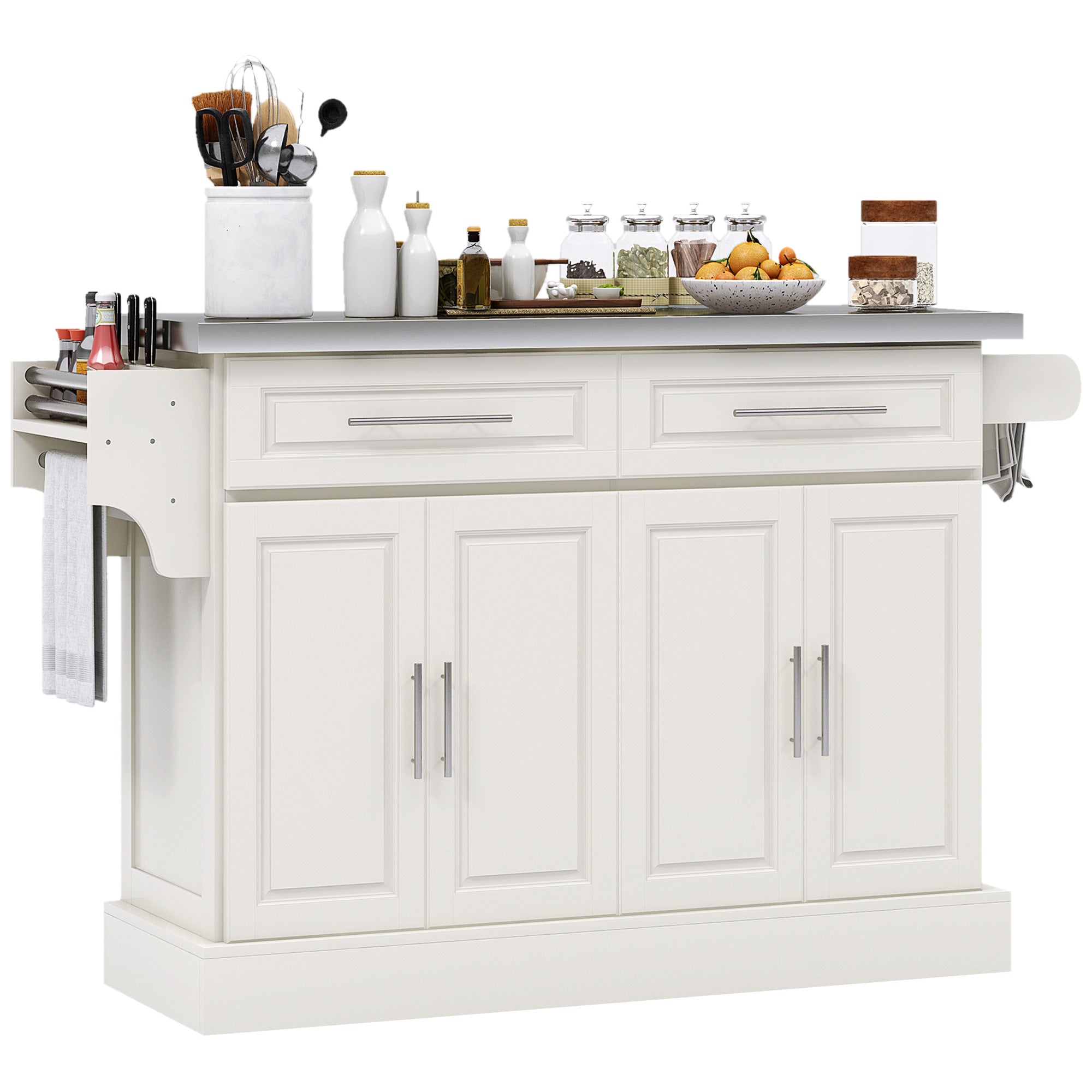 36" Stainless Steel Top Kitchen Island with Storage Drawers, Racks & Cabinets, Cream White - HOMCOM