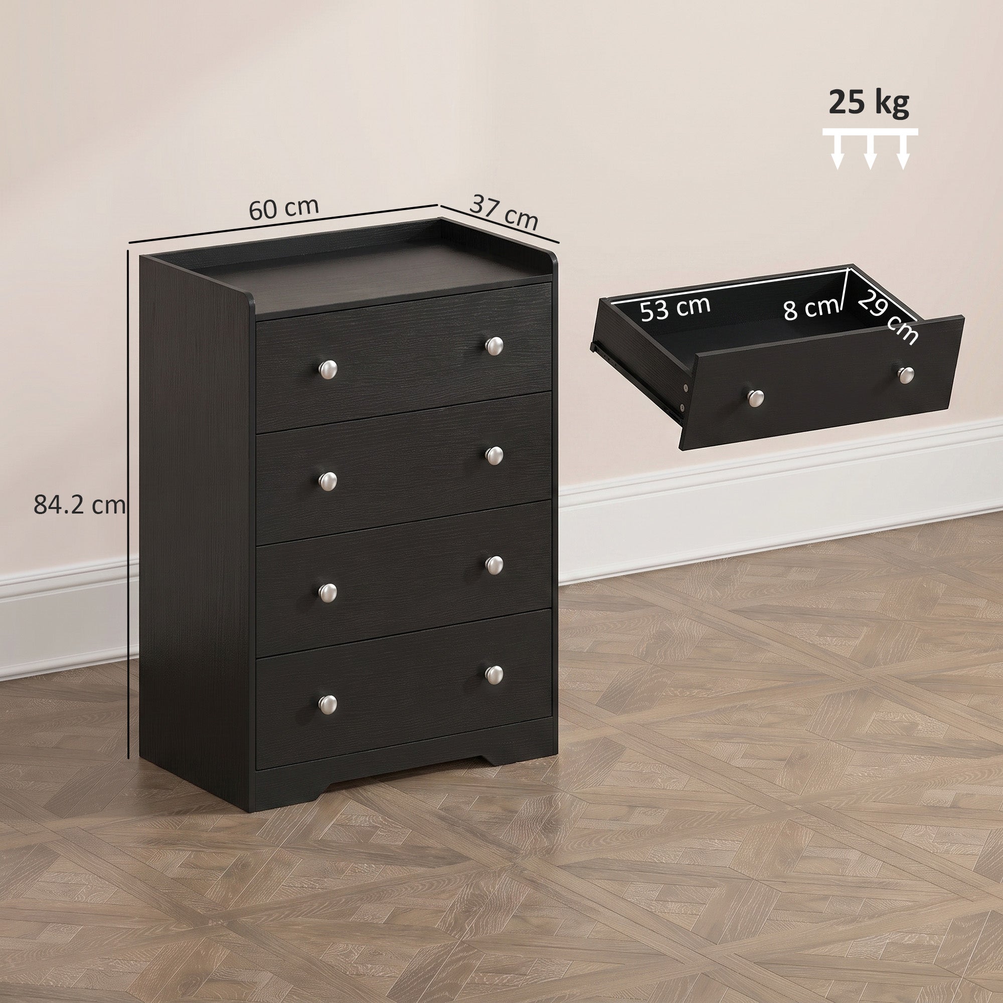 4 Drawer Chest of Drawers, Modern Dresser for Bedroom, Storage Cabinet for Living Room Entryway, Black Wood Effect