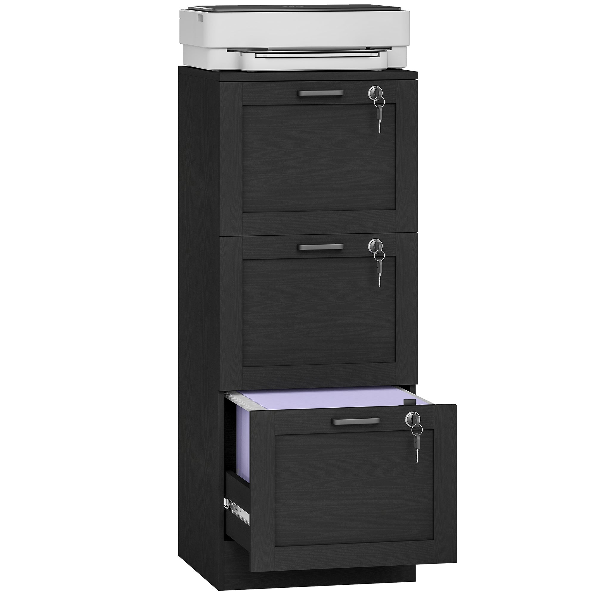 3 Drawer File Cabinet with Lock, Vertical Filing Cabinet with Adjustable Hanging Bars for A4 and Letter Size File Folders, Printer Stand with Storage, Black