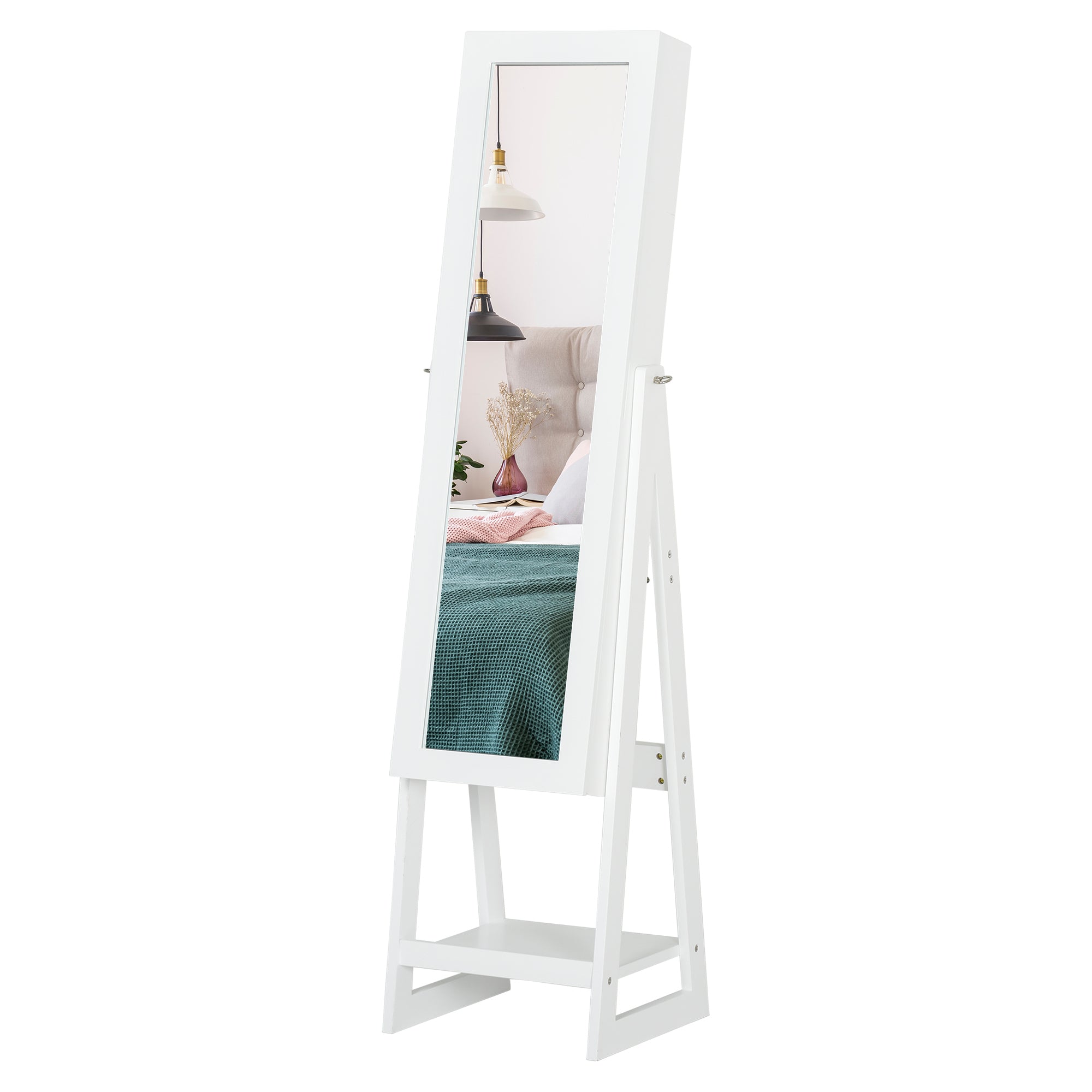 Jewellery Cabinet with Full-Length Mirror, Standing Jewelry Armoire with LED Light, Hooks, Slots, Shelves, Drawers, Folding Panel, Pencil Holders, Mirror with Storage, White