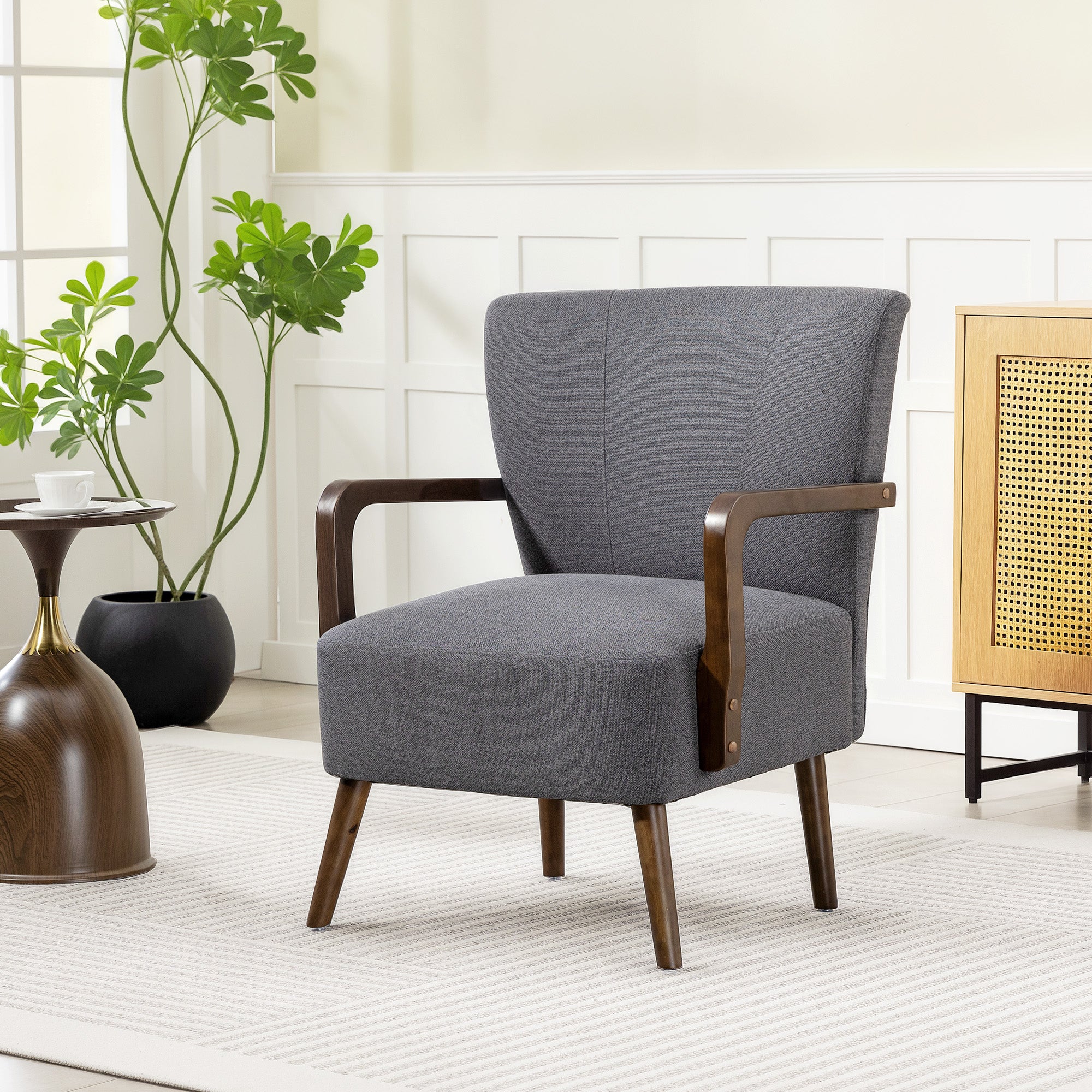 Accent Chair with Wooden Legs, Upholstered Linen Fabric Armchair with Wide Back and Thick Padding, Modern Comfy Chair for Living Room, Bedroom, Dark Grey