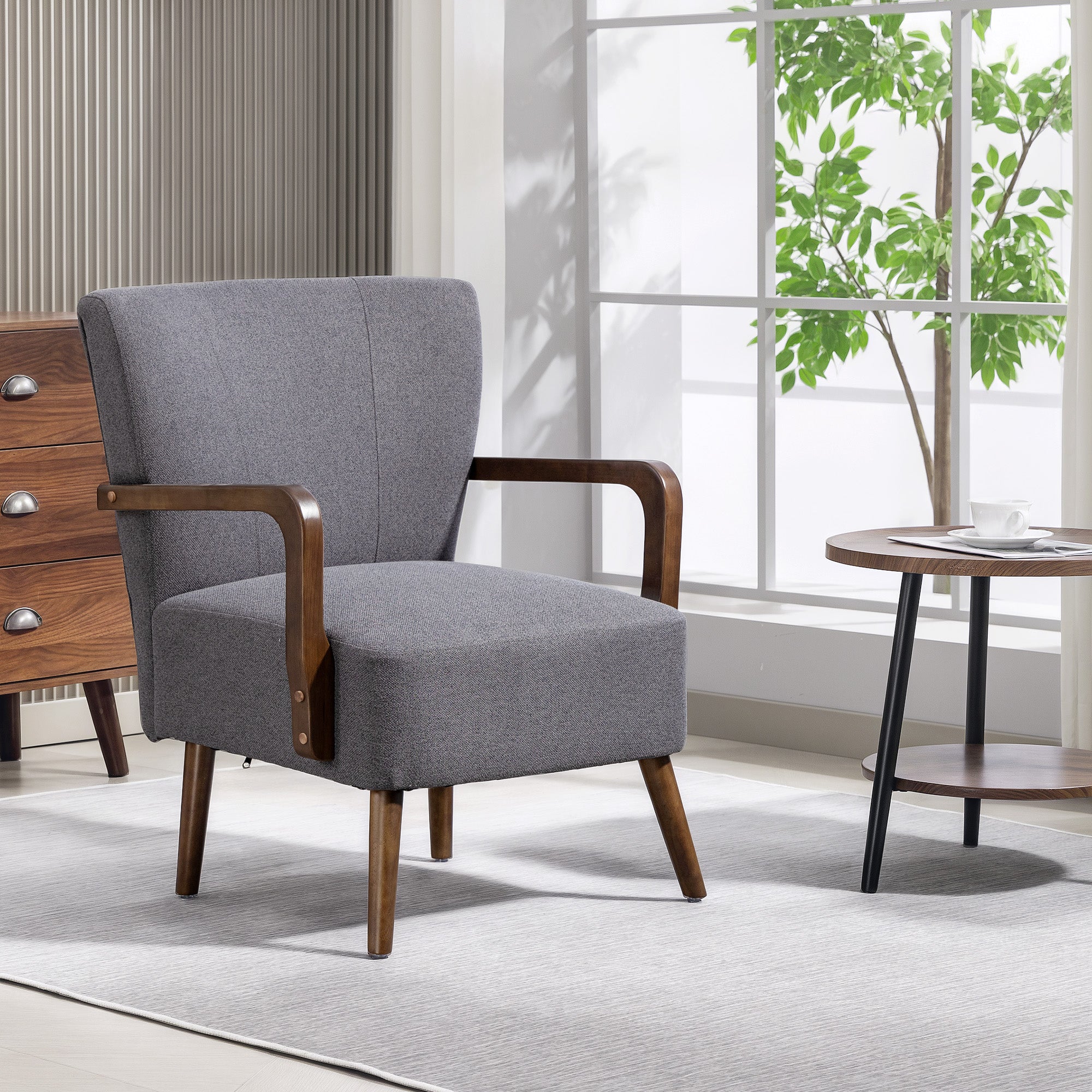 Accent Chair with Wooden Legs, Upholstered Linen Fabric Armchair with Wide Back and Thick Padding, Modern Comfy Chair for Living Room, Bedroom, Dark Grey