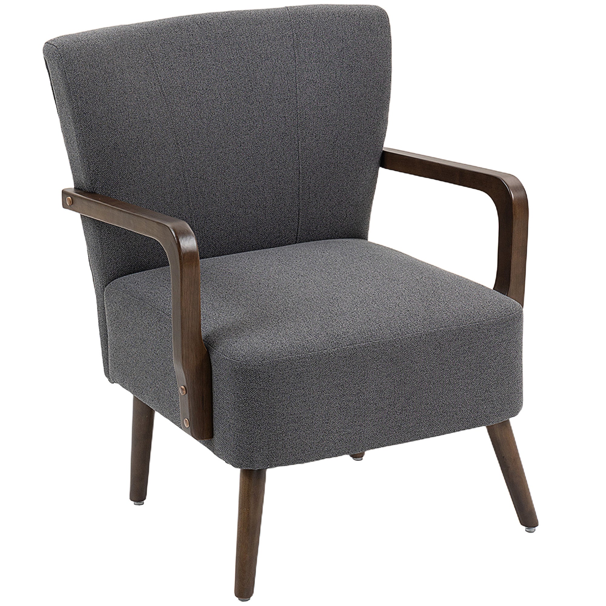 Accent Chair with Wooden Legs, Upholstered Linen Fabric Armchair with Wide Back and Thick Padding, Modern Comfy Chair for Living Room, Bedroom, Dark Grey