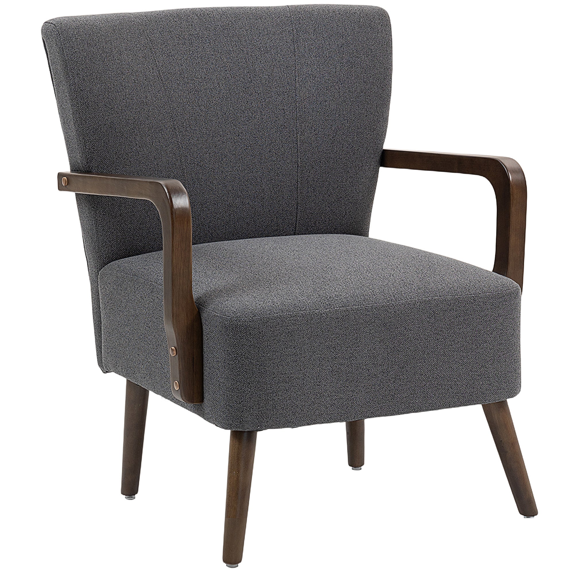 Accent Chair with Wooden Legs, Upholstered Linen Fabric Armchair with Wide Back and Thick Padding, Modern Comfy Chair for Living Room, Bedroom, Dark Grey