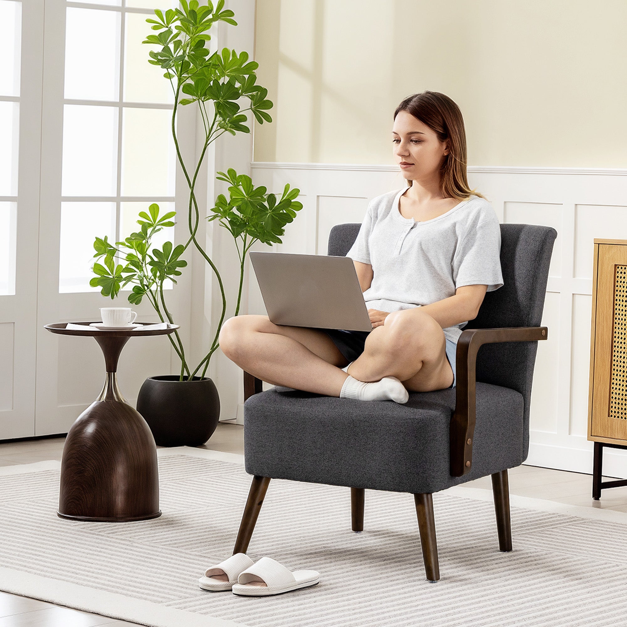 Accent Chair with Wooden Legs, Upholstered Linen Fabric Armchair with Wide Back and Thick Padding, Modern Comfy Chair for Living Room, Bedroom, Dark Grey