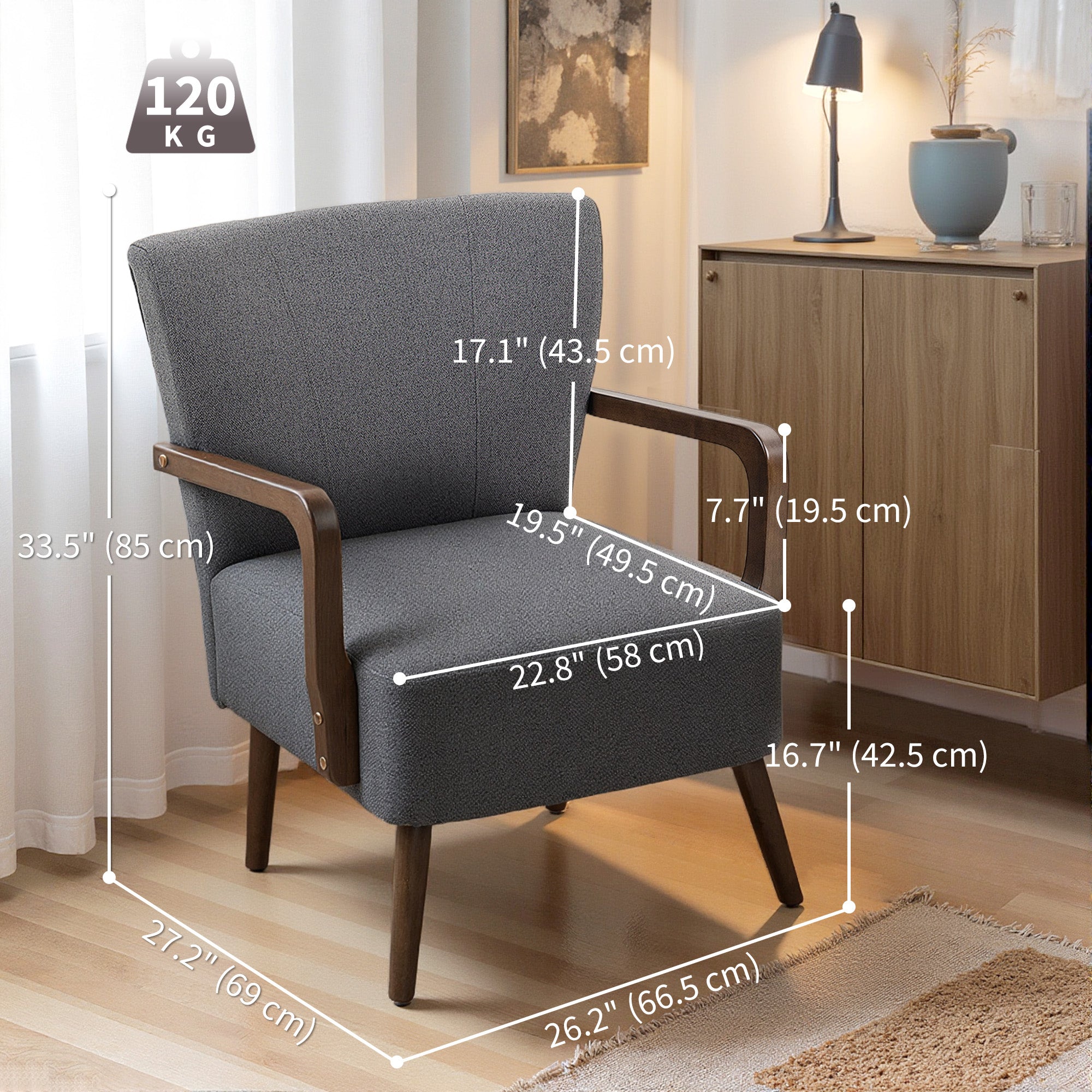 Accent Chair with Wooden Legs, Upholstered Linen Fabric Armchair with Wide Back and Thick Padding, Modern Comfy Chair for Living Room, Bedroom, Dark Grey