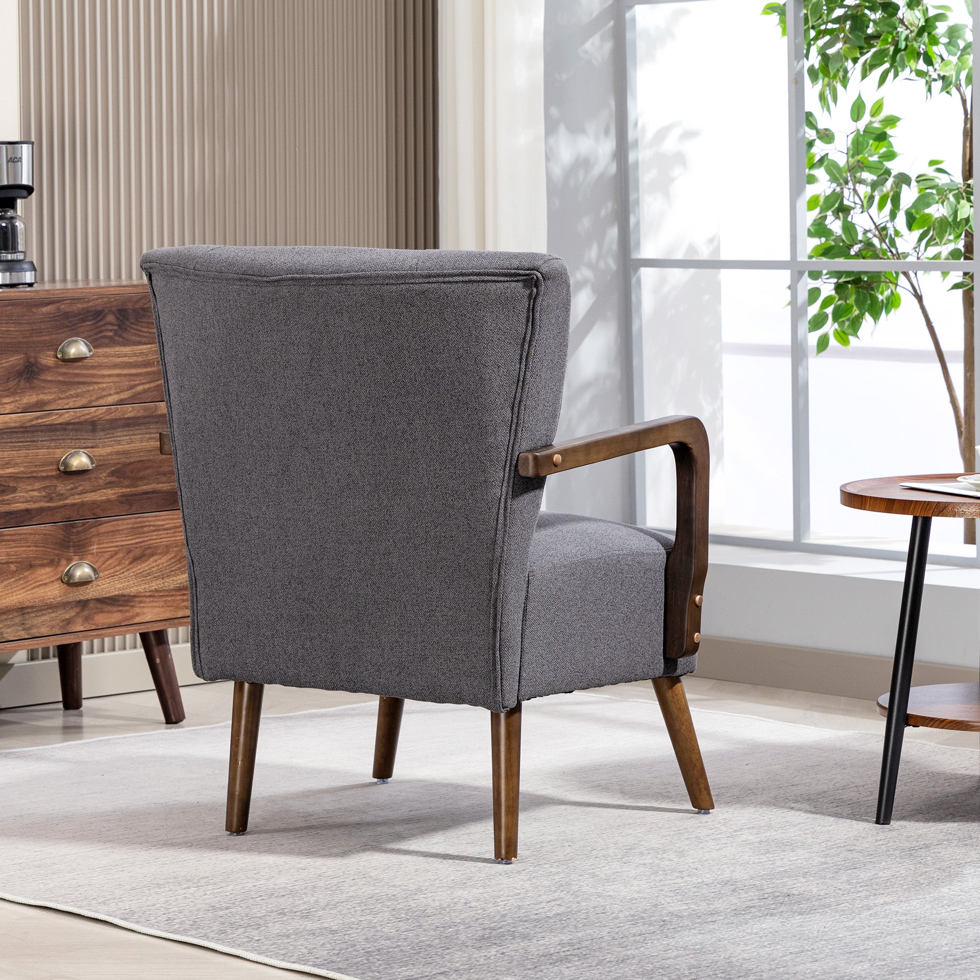 Accent Chair with Wooden Legs, Upholstered Linen Fabric Armchair with Wide Back and Thick Padding, Modern Comfy Chair for Living Room, Bedroom, Dark Grey