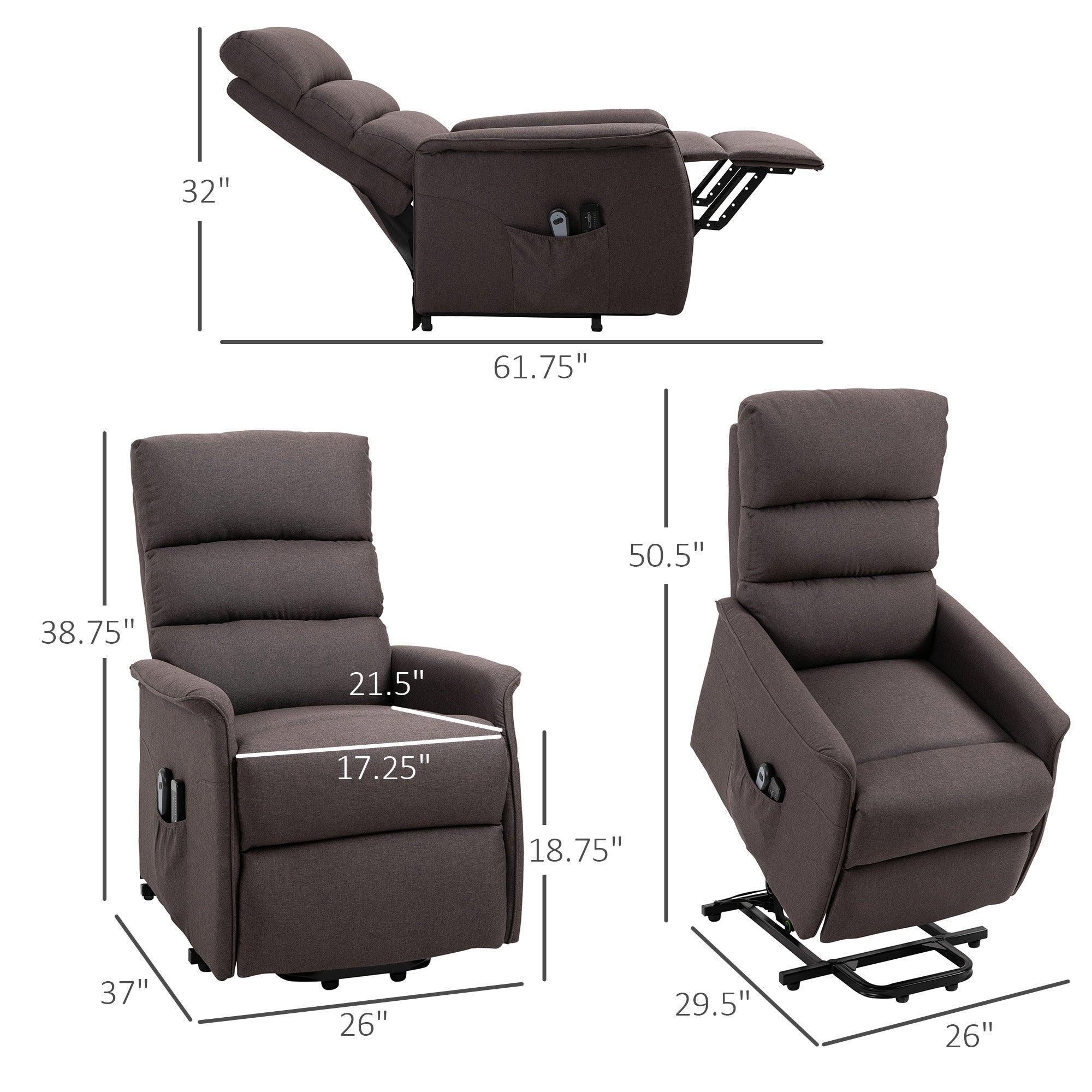 Electric Power Lift Chair with 135° Recline & Remote Control for Elderly Comfort, Brown - HOMCOM