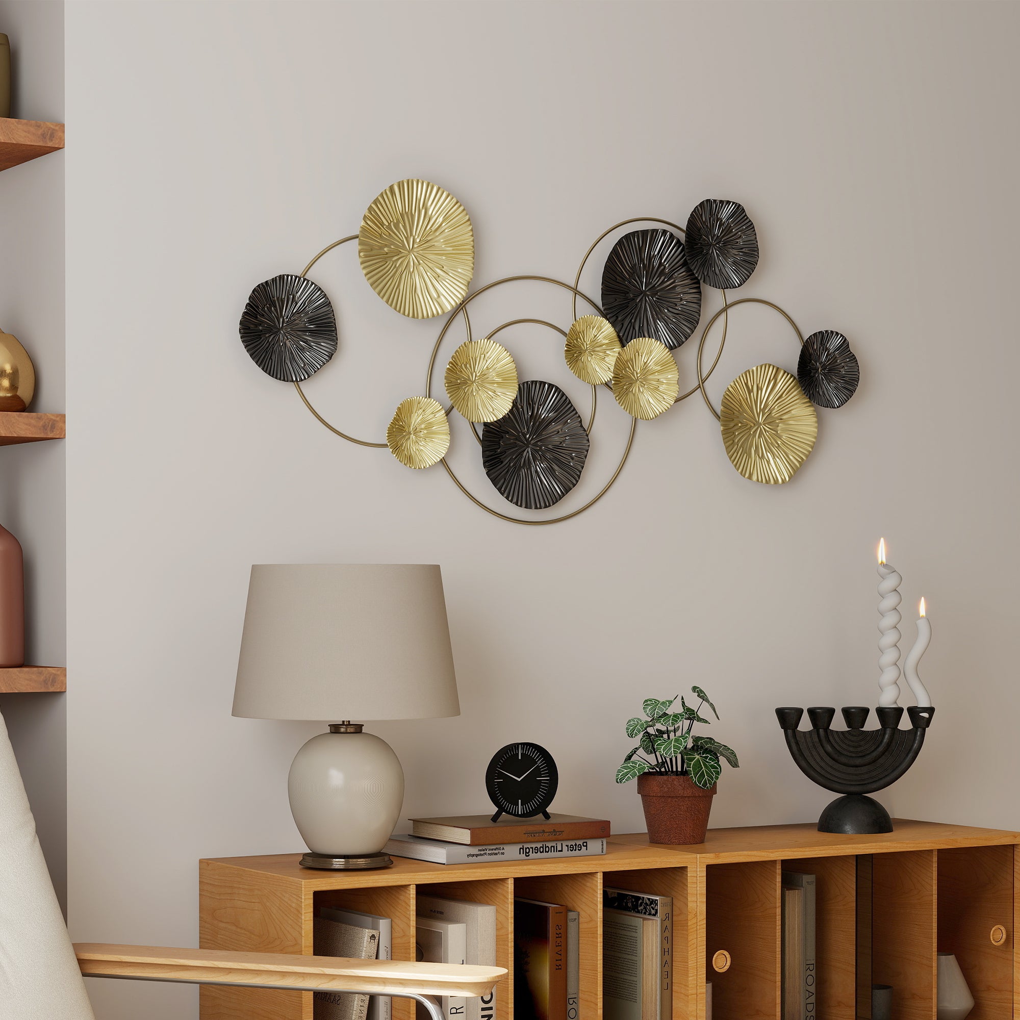 Large Metal Wall Art, Modern Hanging Wall Sculpture with Unique Multi-Disc Design, Horizontal or Vertical Metal Hanging Decoration for Living Room Bedroom Entryway