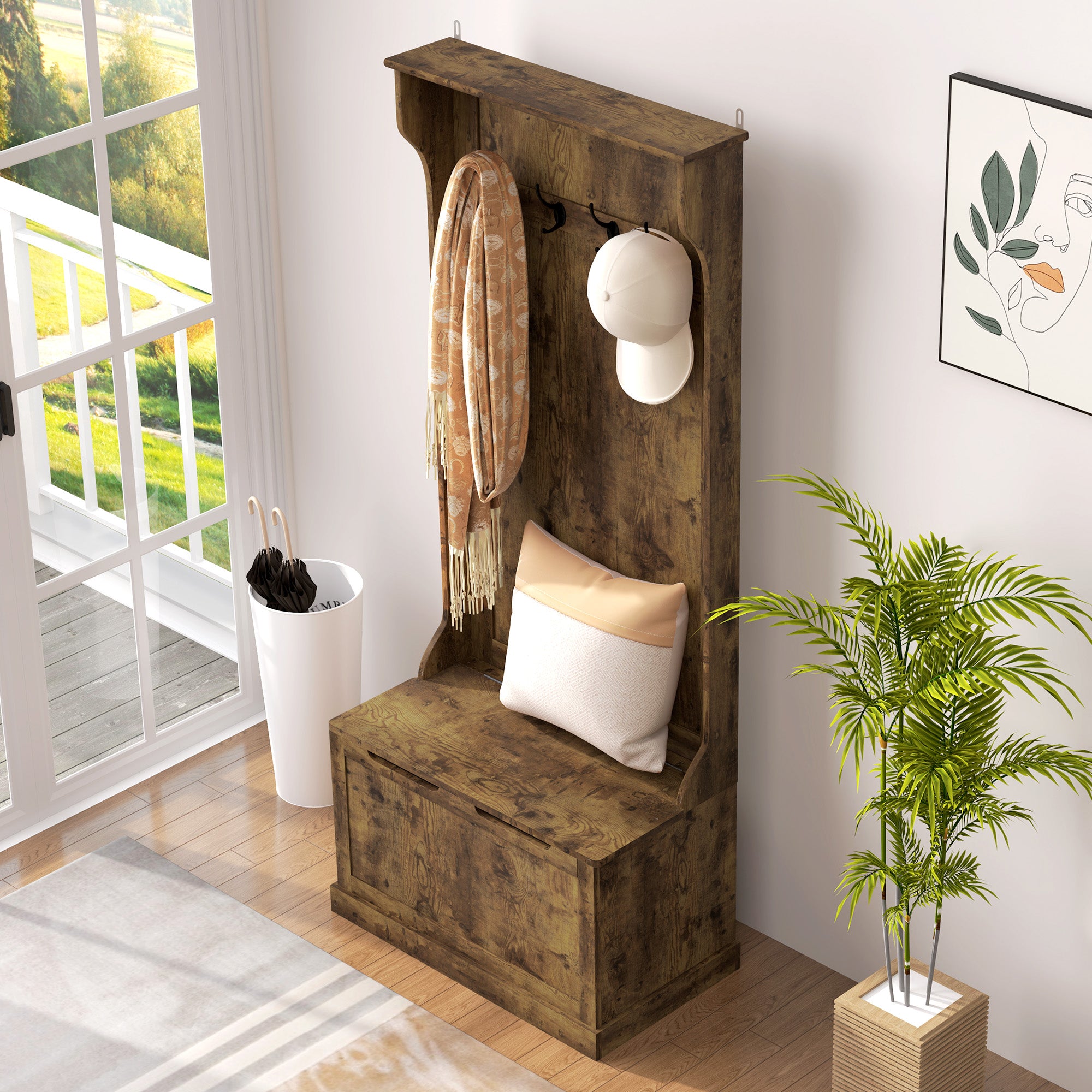 4-In-1 Hall Tree with Bench, 28" Coat Rack with Flip Top Storage Box, 4 Hooks and Top Shelf for Entryway, Hallway, Living Room, Rustic Brown