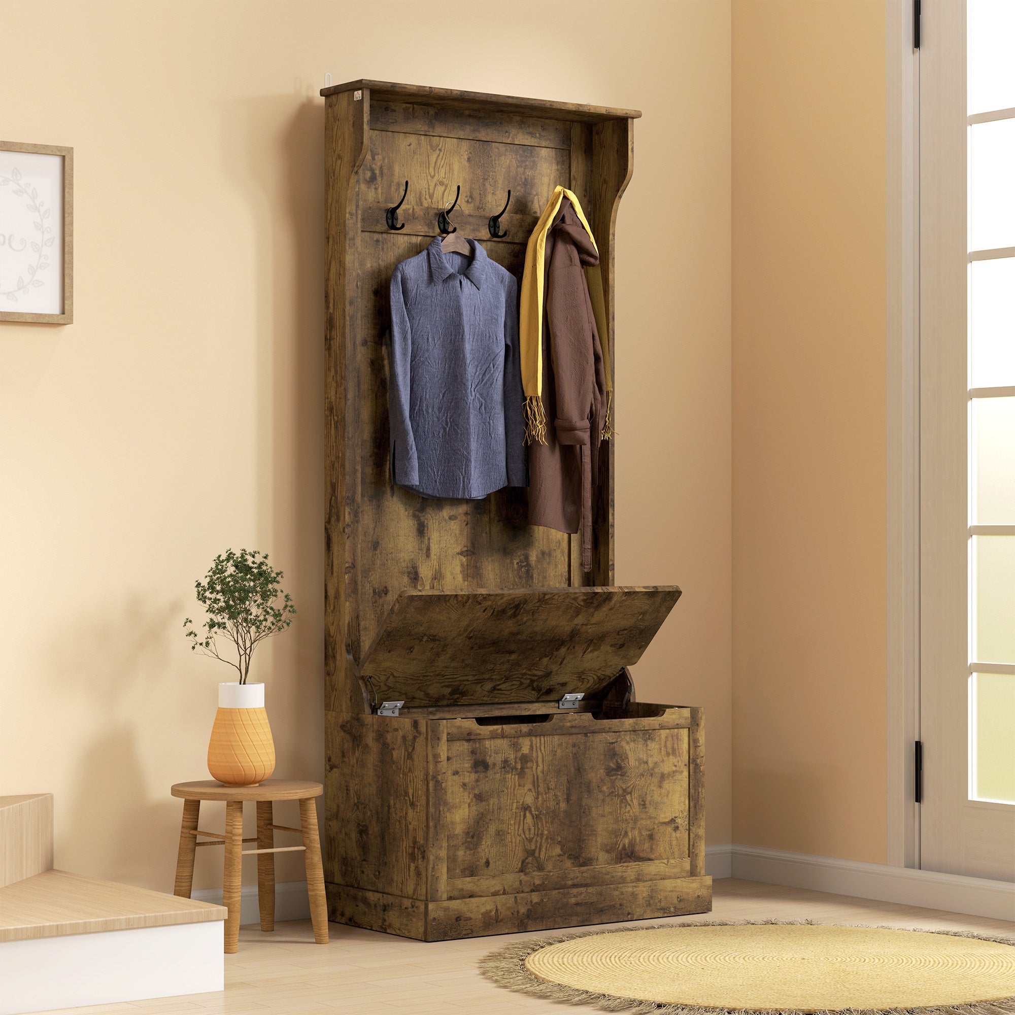 4-In-1 Hall Tree with Bench, 28" Coat Rack with Flip Top Storage Box, 4 Hooks and Top Shelf for Entryway, Hallway, Living Room, Rustic Brown