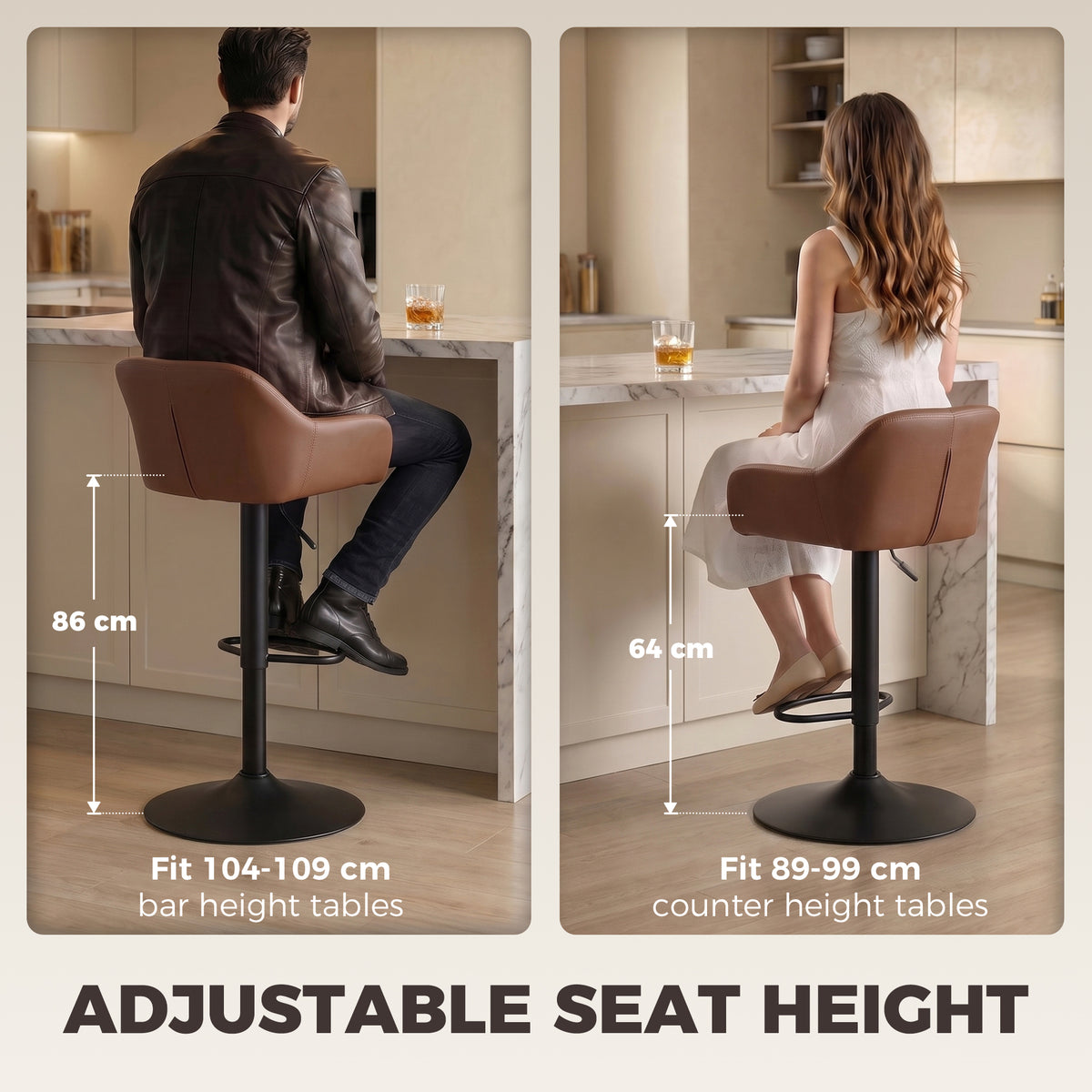 Adjustable Bar Stools Set of 2, Modern Swivel Counter Height Barstools with Back, Footrest, PU Leather Upholstered Bar Chairs for Kitchen Island Counter Dining Room, Brown