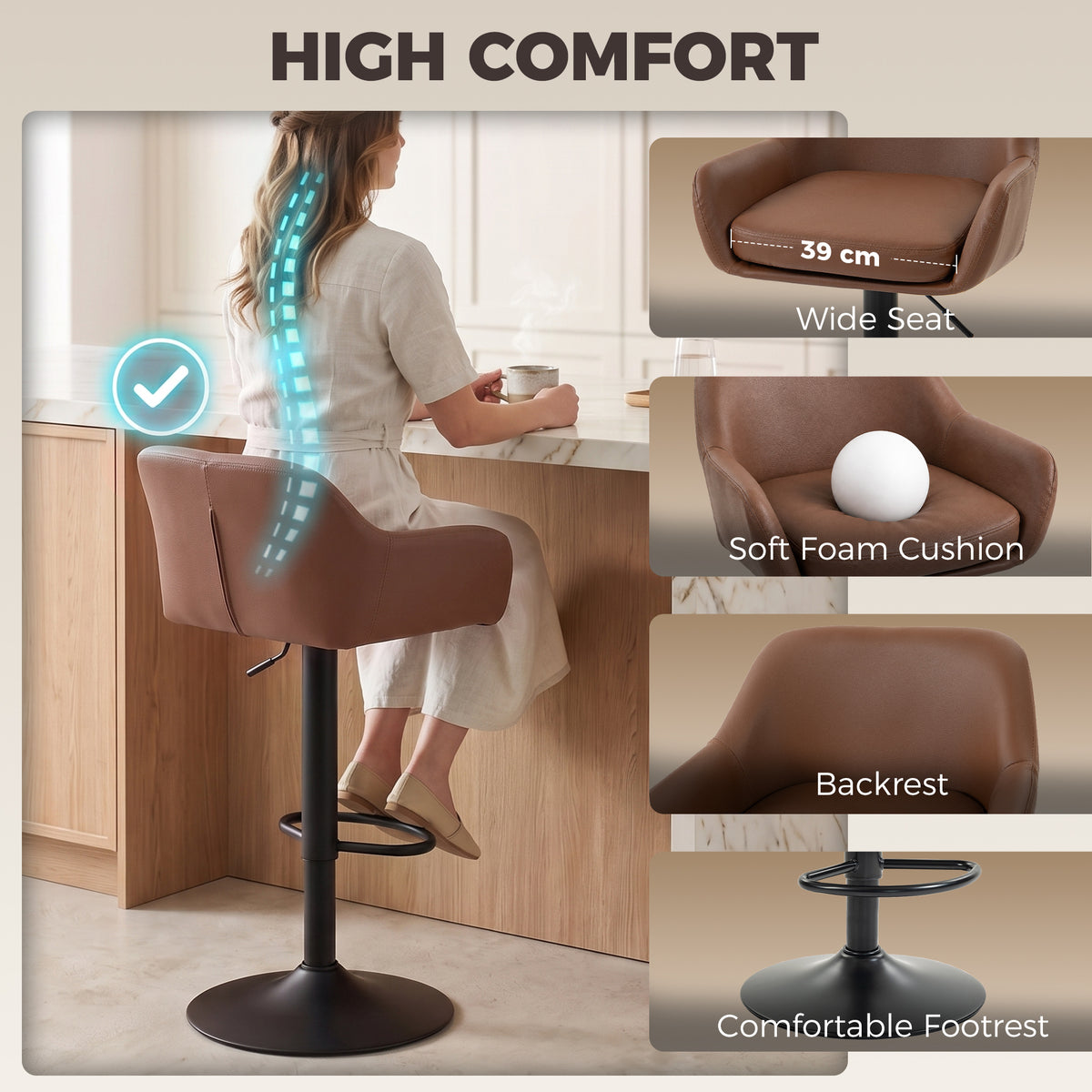 Adjustable Bar Stools Set of 2, Modern Swivel Counter Height Barstools with Back, Footrest, PU Leather Upholstered Bar Chairs for Kitchen Island Counter Dining Room, Brown