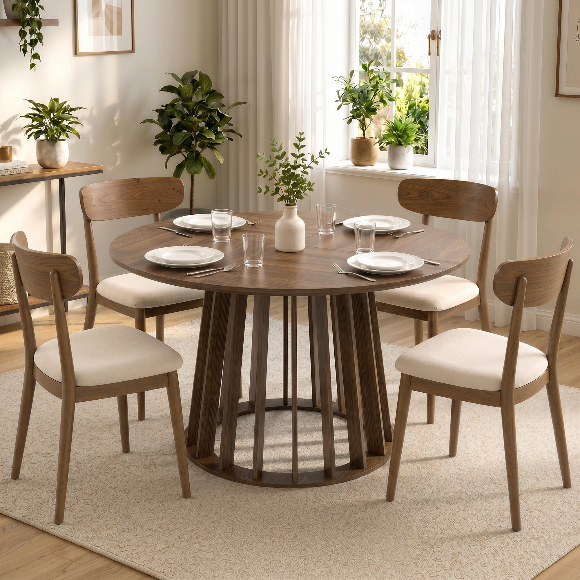 120 cm Round Dining Table for 4-6 People, Modern Kitchen Table with Slatted and Heavy Duty Pedestal Base for Dining Room, Kitchen, Living Room, Light Walnut
