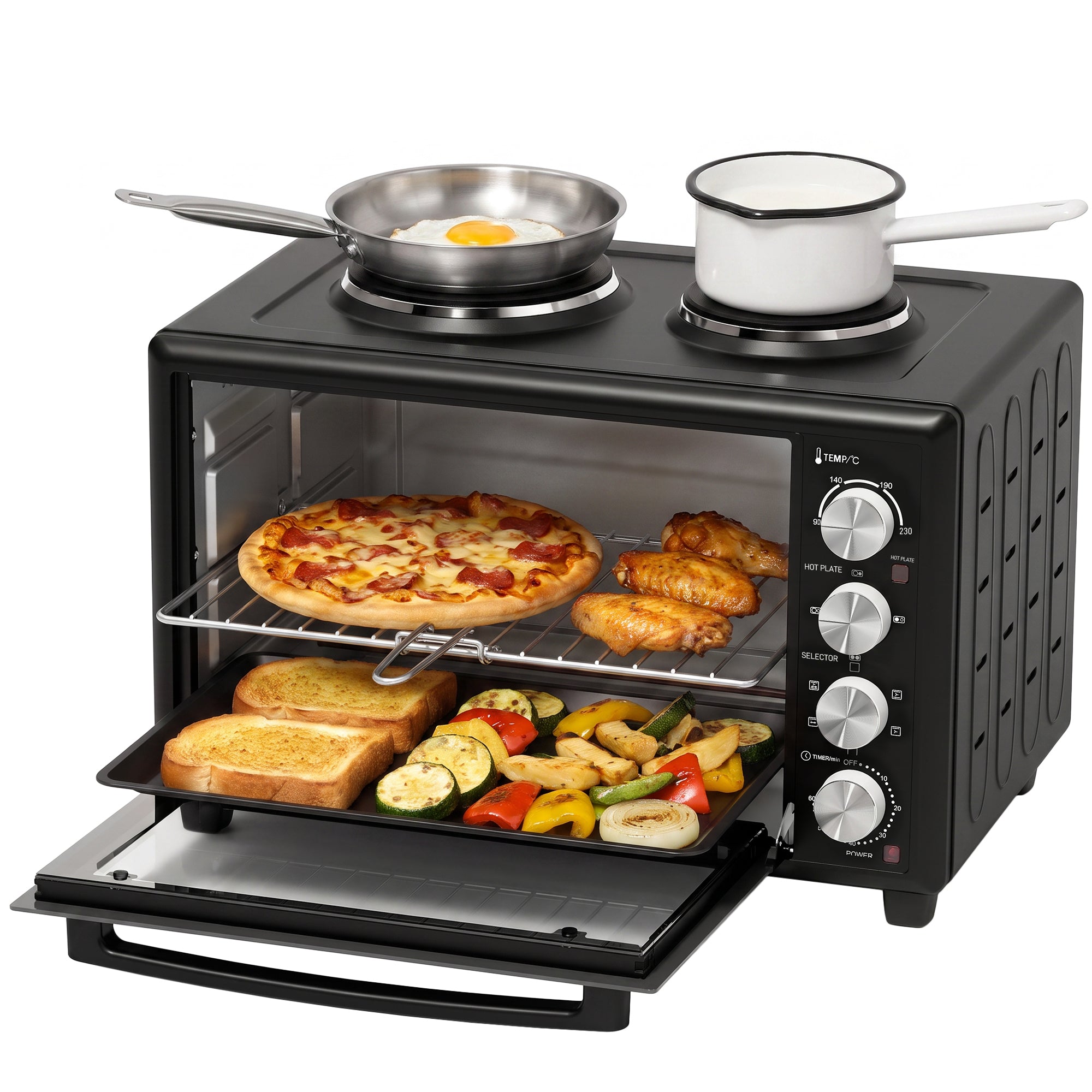46L Mini Oven with Dual Hot Plates, Electric Countertop Cooker with Convection, 90–230°C Adjustable Temperature, 60 Minute Timer, Portable Oven with Wire Rack & Baking Tray, 1800W, Black
