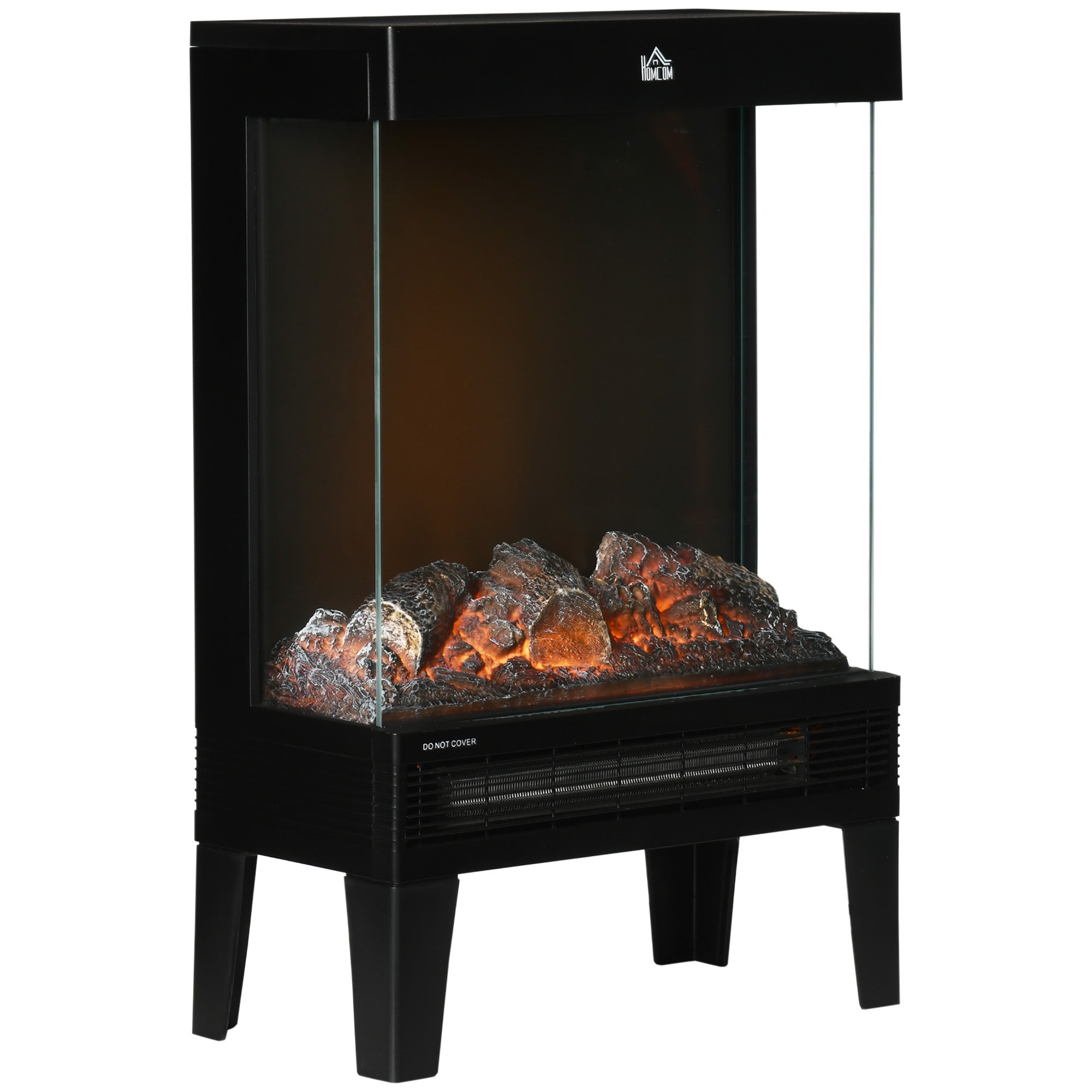 180° Charming Electric Fireplace Heater, Quiet Freestanding Stove with LED Flame Effect, Level-less Temperature Control, Overheating Protection, 1000W/2000W, Black