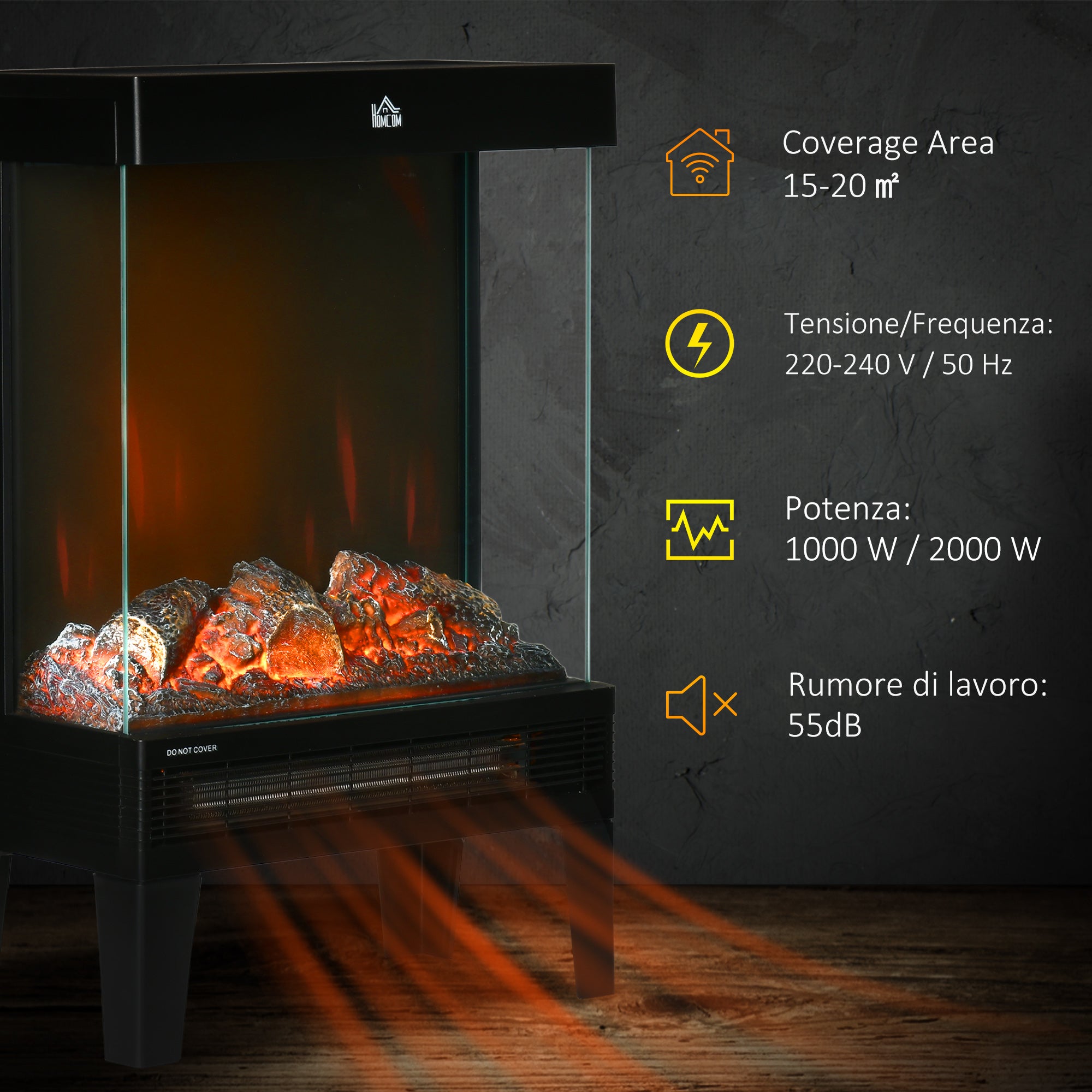 180° Charming Electric Fireplace Heater, Quiet Freestanding Stove with LED Flame Effect, Level-less Temperature Control, Overheating Protection, 1000W/2000W, Black