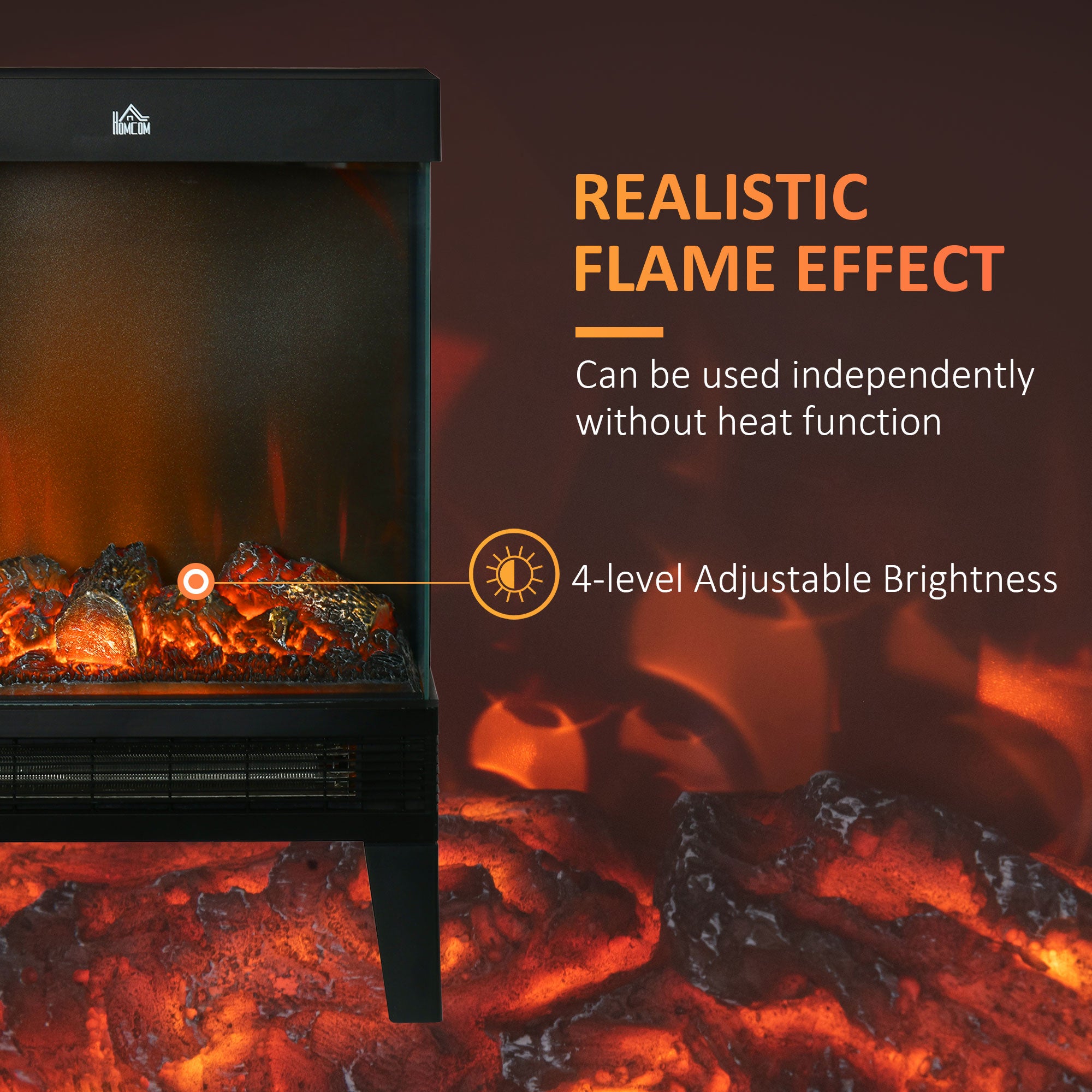 180° Charming Electric Fireplace Heater, Quiet Freestanding Stove with LED Flame Effect, Level-less Temperature Control, Overheating Protection, 1000W/2000W, Black