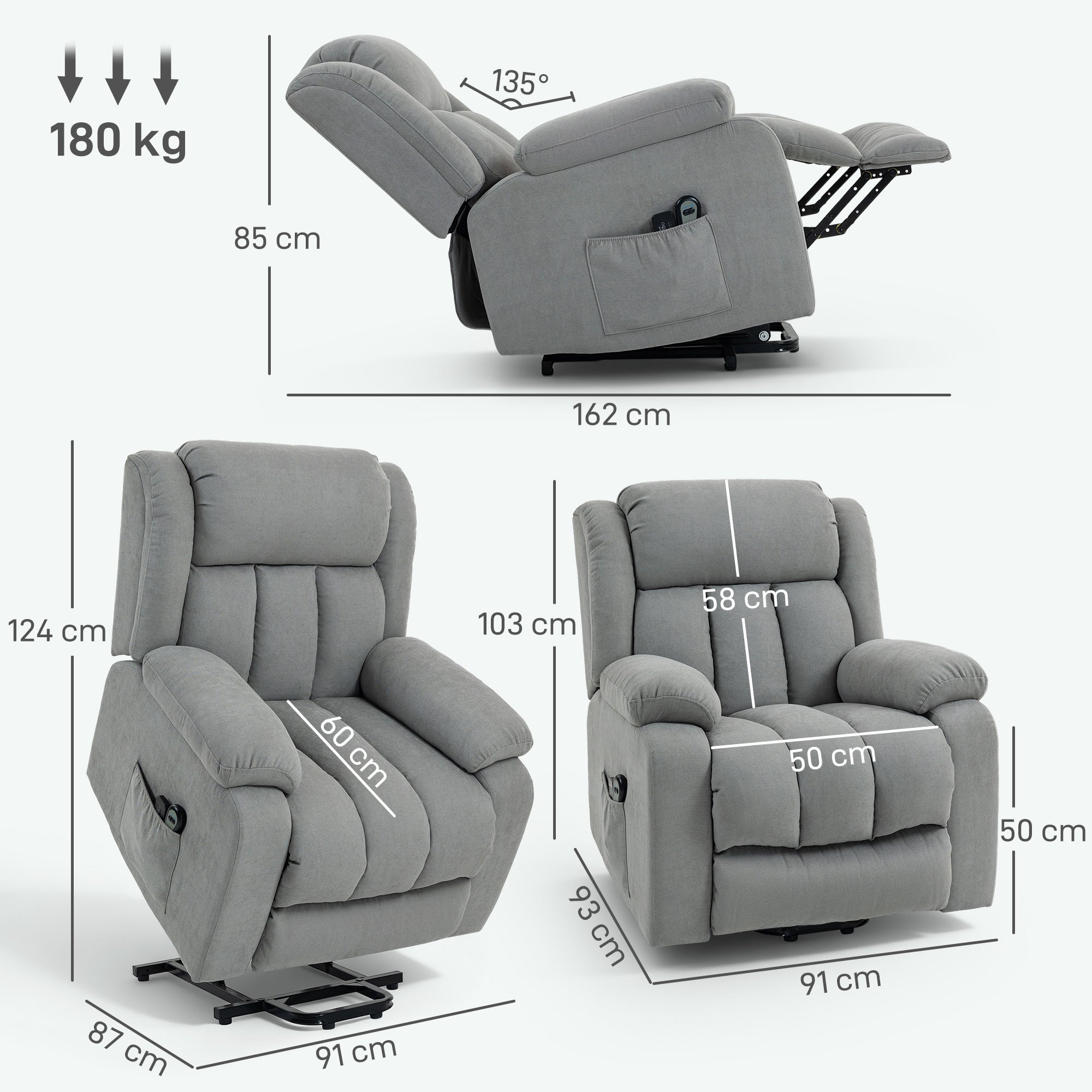 Power Lift Recliner Chair with Massage, Linen Overstuffed Lift Chair for Elderly, Electric Recliner Armchair with Footrest, Remote Control and Side Pocket, for Living Room, Light Grey