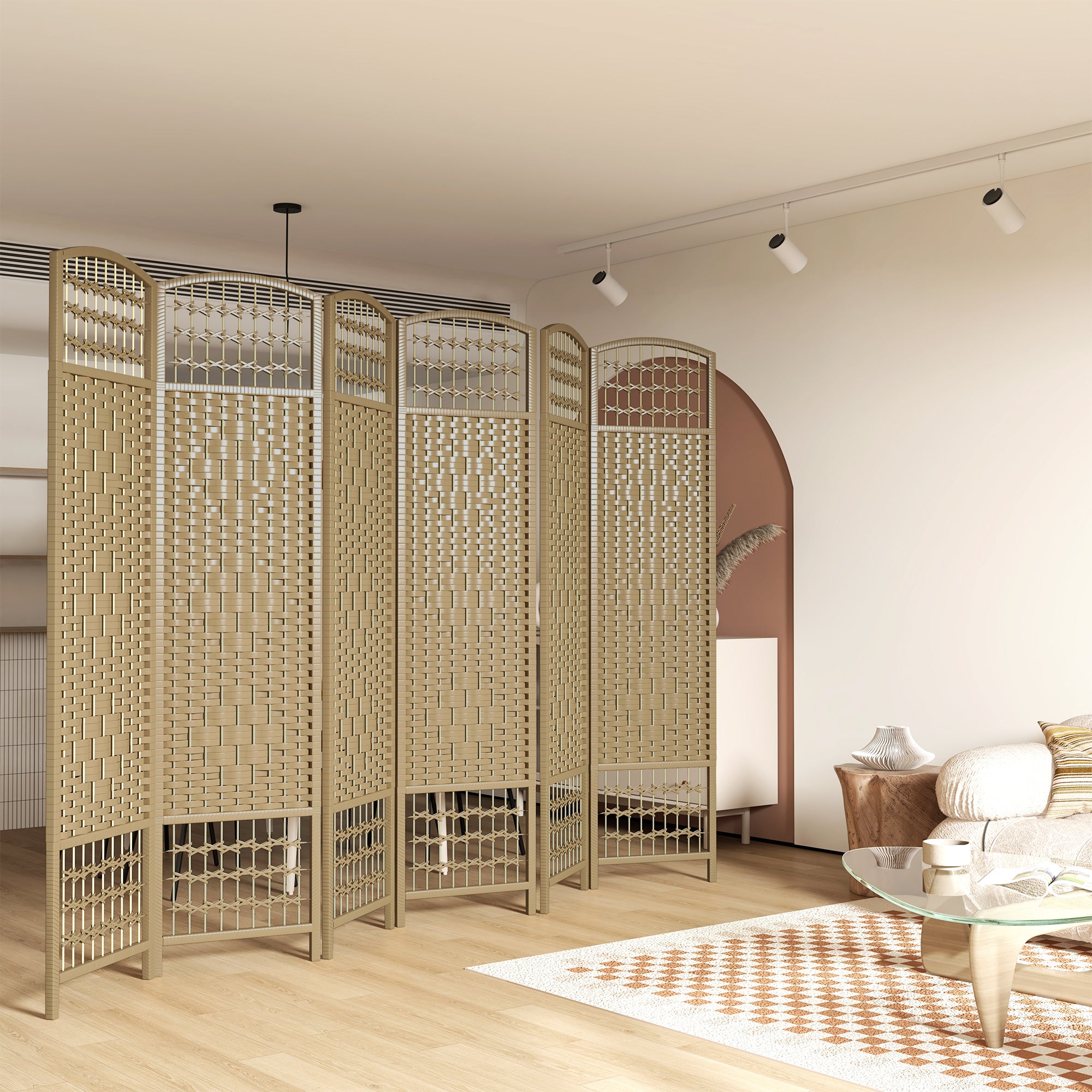 6 Panel Folding Room Divider, Portable Privacy Screen, Wave Fiber, Natural
