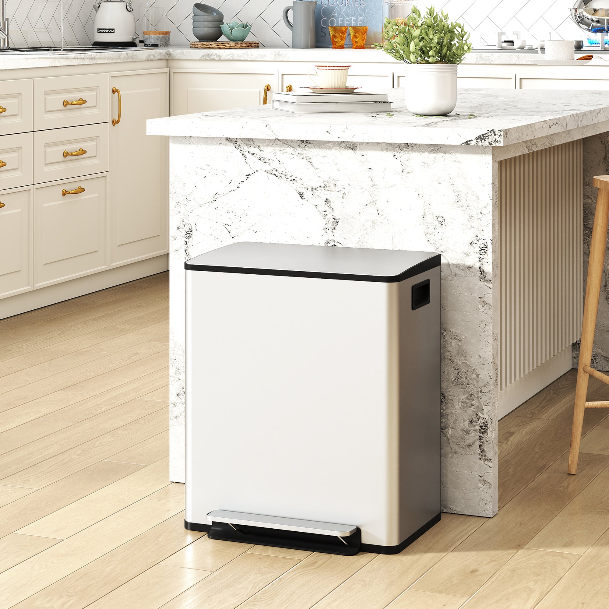 Dual Kitchen Bin, 2 x 25L Stainless Steel Double Pedal Bin with Soft-Close Lid, Removable Inner Buckets and Handles for Recycling and Waste, Silver