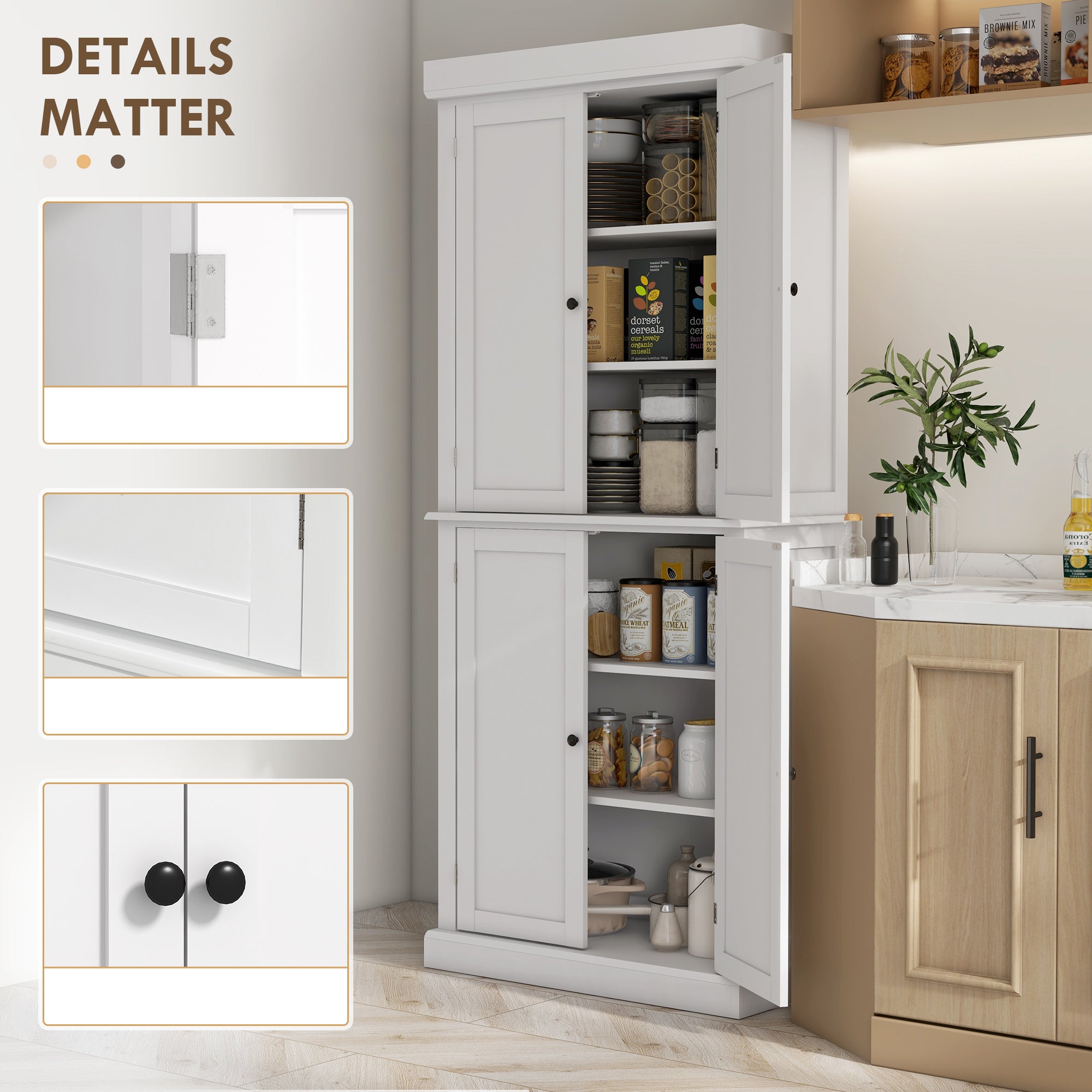 72" Freestanding Kitchen Pantry Storage Cabinet w/ Doors and Shelves, White